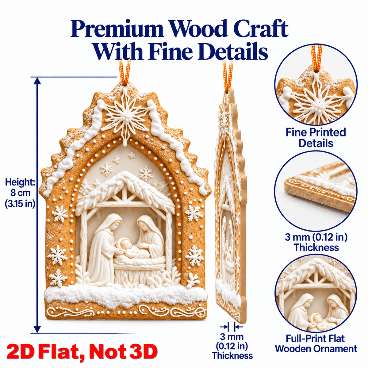 2D Flat 18Pcs Ornate Gingerbread Shaped Nativity Scene Wooden Ornaments, Snowy Holy Birth Hanging Tree Toppers, Xmas Tree, Wall, Window, Door, Mantel, Porch Decor & Holiday Gift