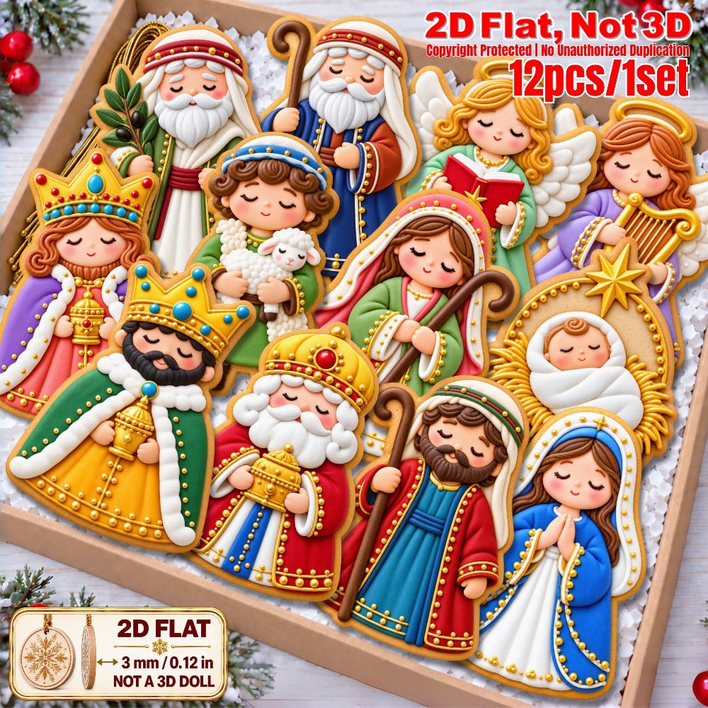 2D Flat 12Pcs Ornate Cookie-Style Nativity Character Wooden Ornaments, Gorgeous Holy Birth Figures Hanging Tree Toppers, Xmas Tree, Wall, Window, Door, Mantel, Porch Decor & Holiday Gift