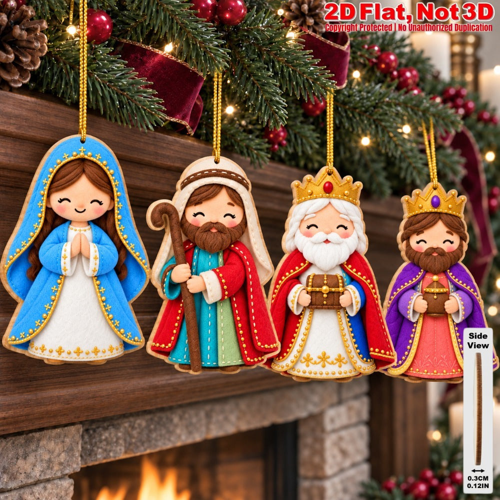 2D Flat 18Pcs Ornate Felt-Style Nativity Character Wooden Ornaments, Gorgeous Holy Birth Figures Hanging Tree Toppers, Xmas Tree, Wall, Window, Door, Mantel, Porch Decor & Holiday Gift