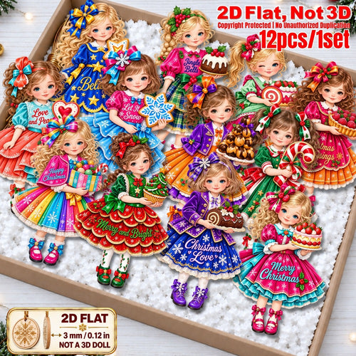 2D Flat 12Pcs Christmas Holiday Girl Wooden Ornaments, Girl with Festive Christmas Greetings Quotes, Vibrant Xmas Hanging Tree Toppers, Xmas Tree, Wall, Window, Door, Mantel, Porch Decor & Holiday Gift