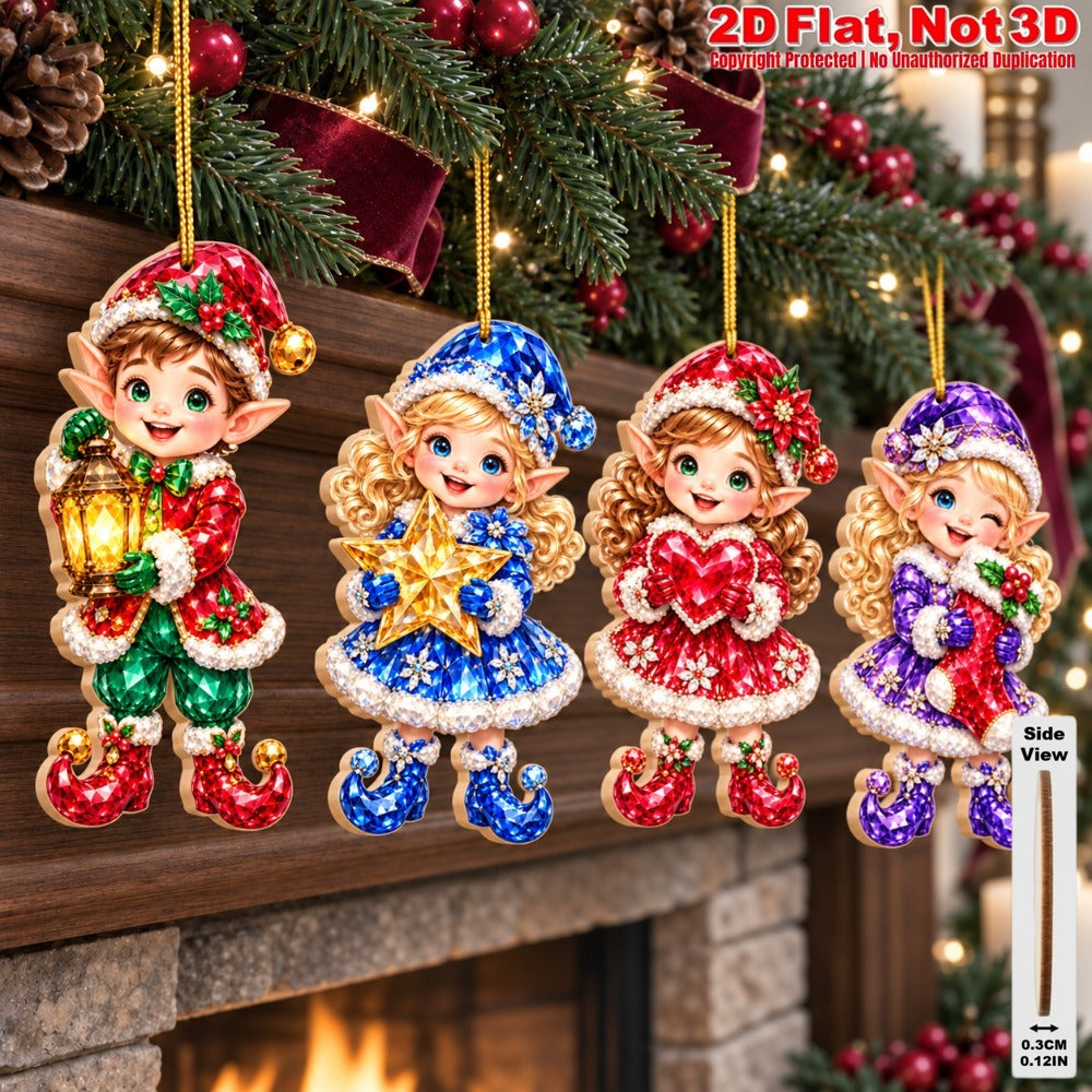 2D Flat 12Pcs Colorful Gem Style Christmas Elf Wooden Ornaments, Vibrant Elf Hanging Tree Toppers, Xmas Tree, Wall, Window, Door, Mantel, Porch Decor & Holiday Gift
