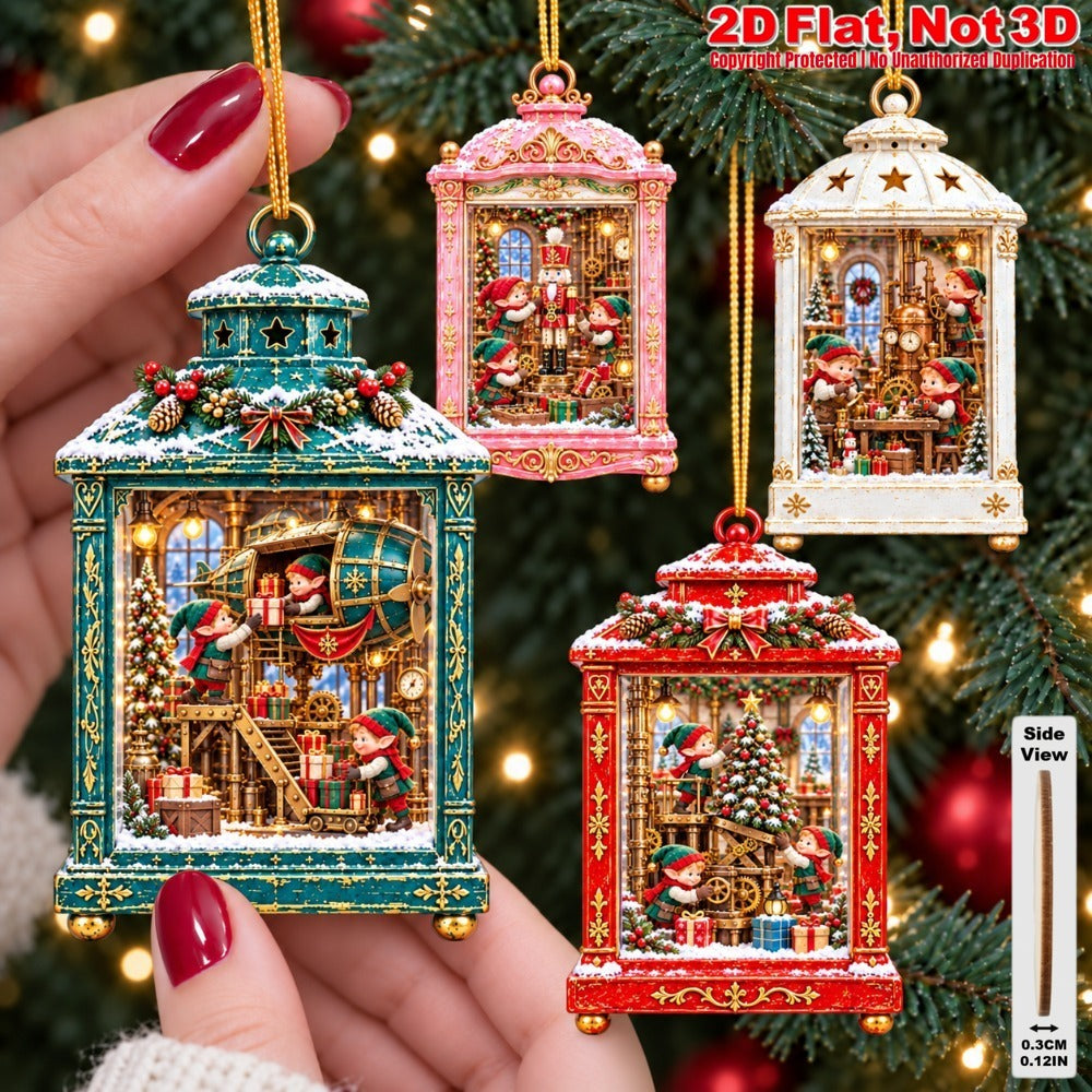 2D Flat 12Pcs Steampunk Elf Mini Scene Wooden Ornaments, Vintage Christmas Lantern Elf Hanging Tree Toppers, Xmas Tree, Wall, Window, Door, Mantel, Porch Decor & Holiday Gift