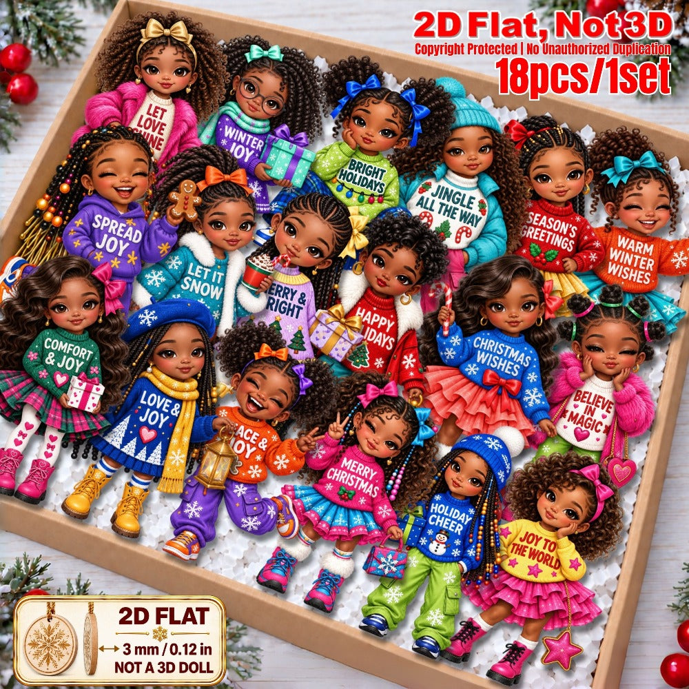 2D Flat 18Pcs Black Girl Comfort and Joy Quote Wooden Ornaments, Eye-Catching Wooden Hanging Ornaments for Christmas Trees