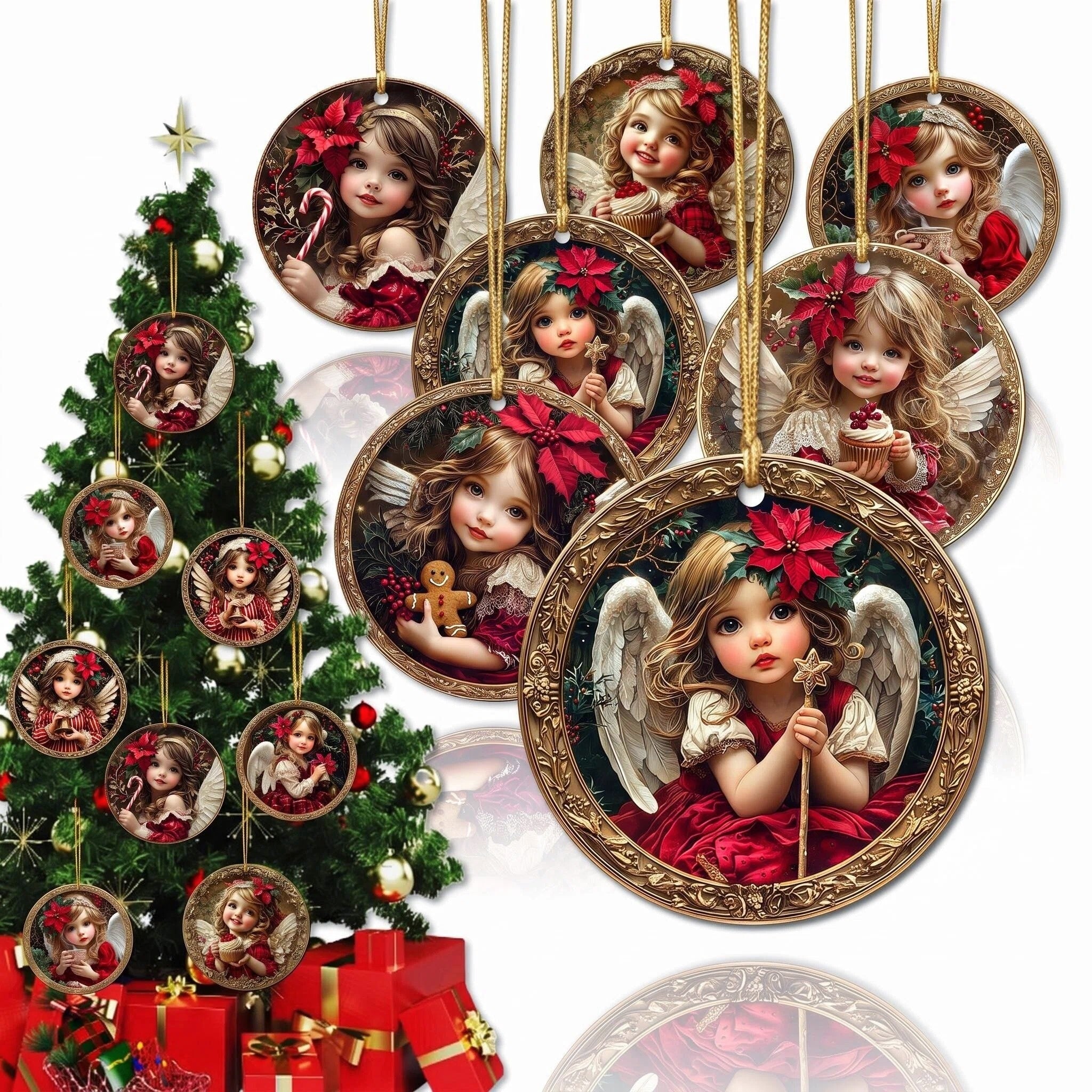 AdornJoy - Vintage Angel – Retro 3mm Wooden Christmas Ornament, 2D Flat Angel Tree Decoration, 15 Piece Sets