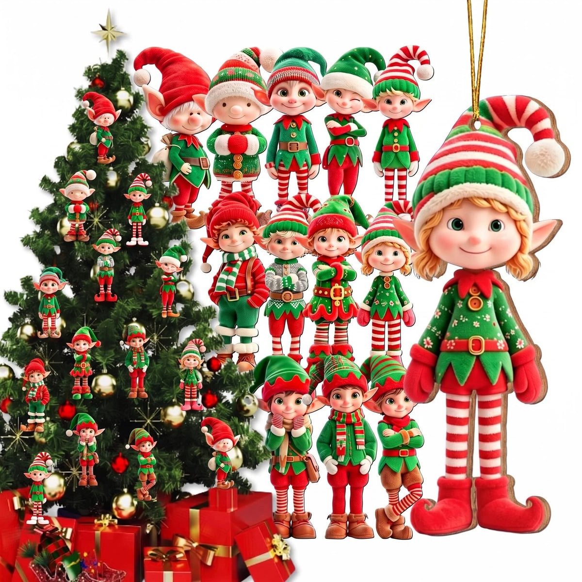 AdornJoy - Vibrant Elf – Colorful 3mm Wooden Christmas Ornament, 2D Flat Elf Tree Decoration, 15 Piece Sets