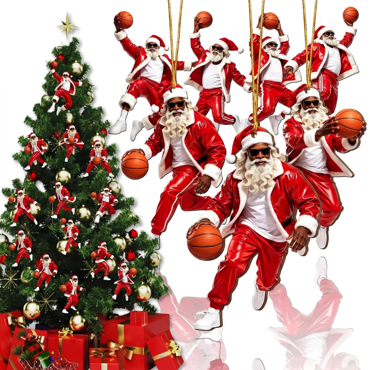 AdornJoy - Basketball Santa – African American 3mm Wooden Christmas Ornament, 2D Flat Basketball-Themed Tree Decoration for Basketball Fans, 16 Piece Sets