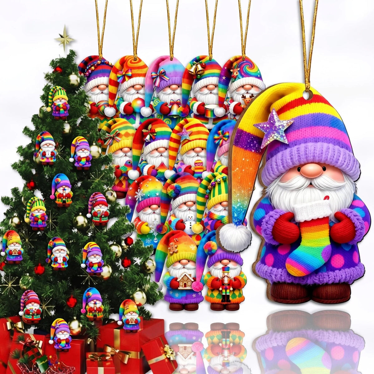 AdornJoy Rainbow Santa Gnome – Colorful 3mm Wooden Christmas Ornament, 2D Flat Santa Gnome Tree Decoration, 16 Piece Sets