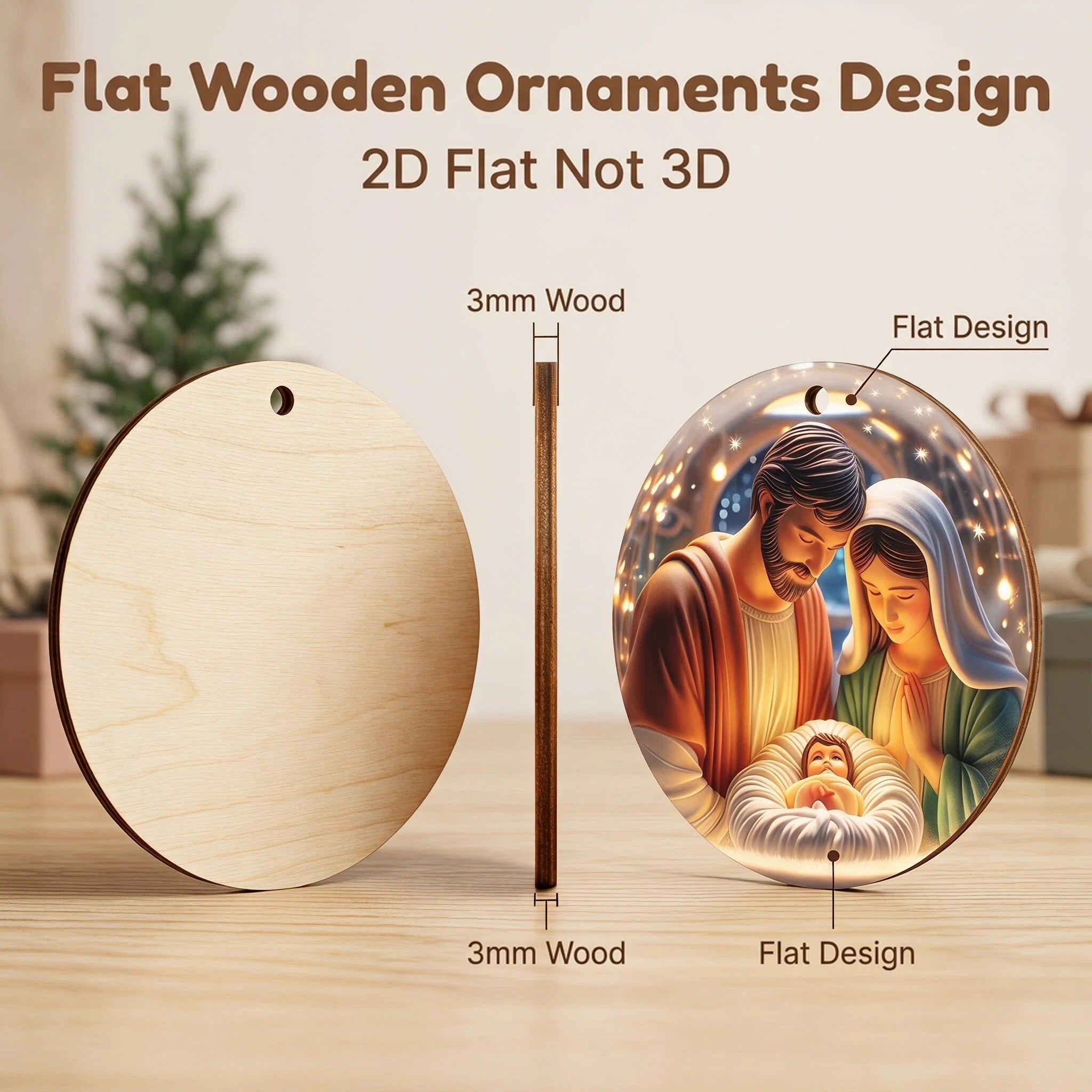 AdornJoy Nativity Scene – 3mm Wooden Christmas Ornament, 2D Flat Holy Family Tree Decoration, 18 Piece Sets