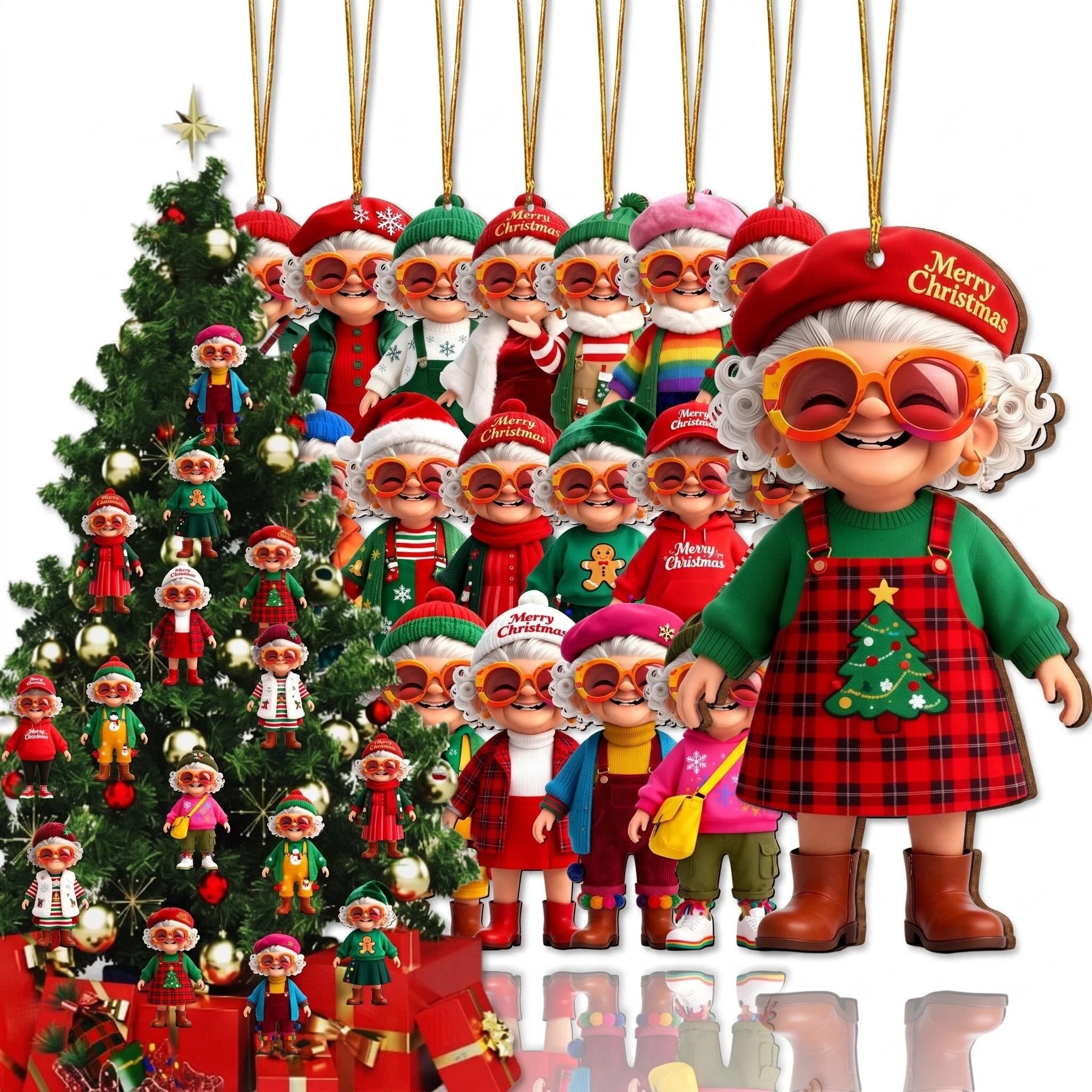 AdornJoy Vintage Grandma – Retro Printed 3mm Wooden Christmas Ornament, 2D Flat Grandma Tree Decoration, 18 Piece Sets