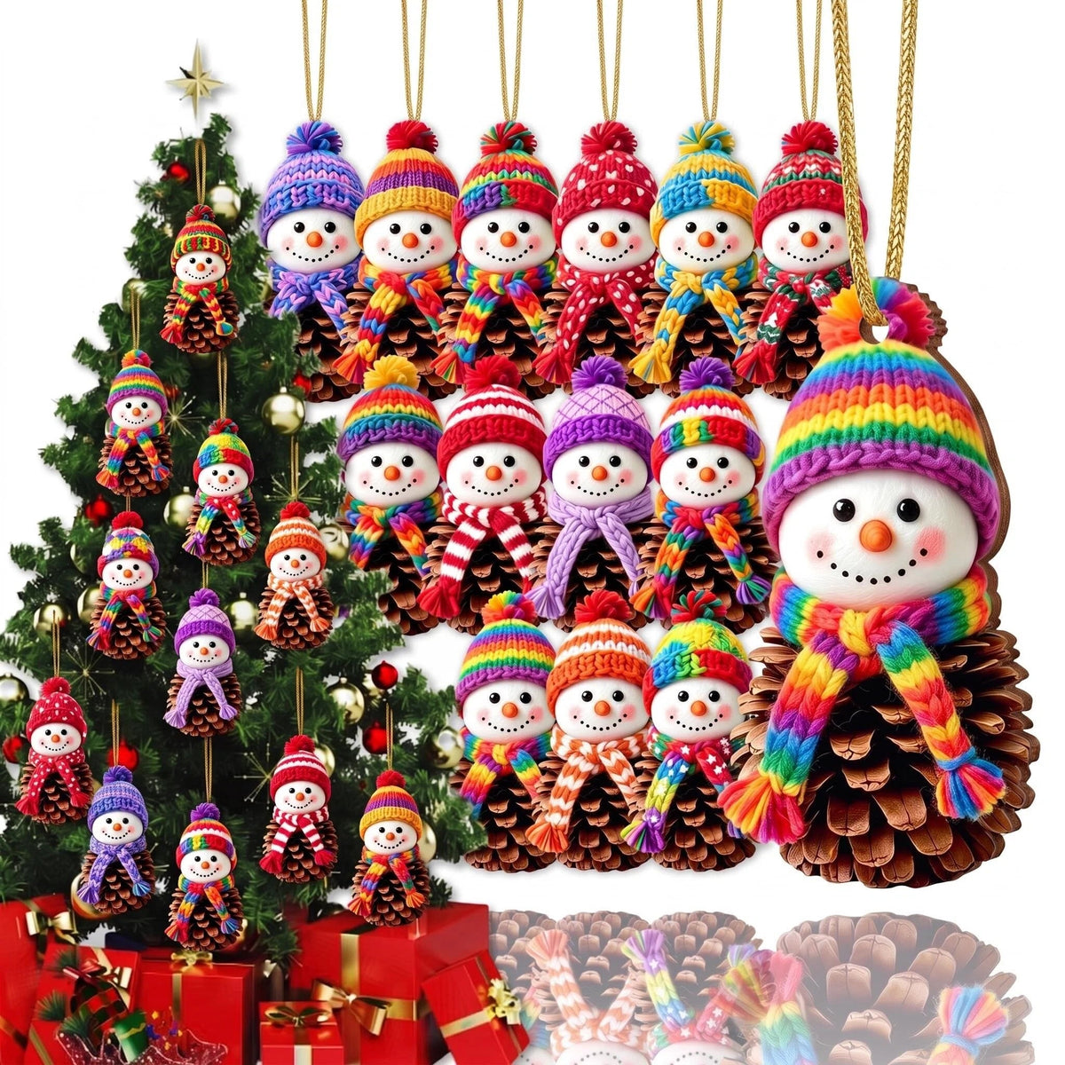 AdornJoy Rustic Snowman – 3mm Wooden Christmas Ornament, 2D Flat Snowman Tree Decoration, 16 Piece Sets