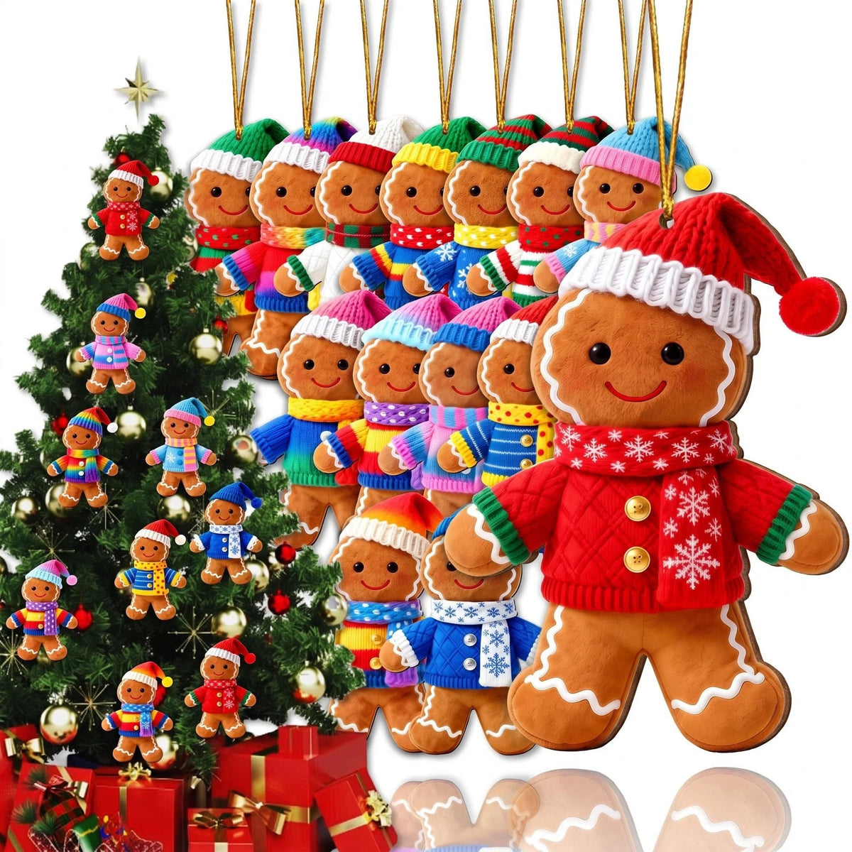 AdornJoy Gingerbread Man – Colorful 3mm Wooden Christmas Ornament, 2D Flat Gingerbread Tree Decoration, 18 Piece Sets