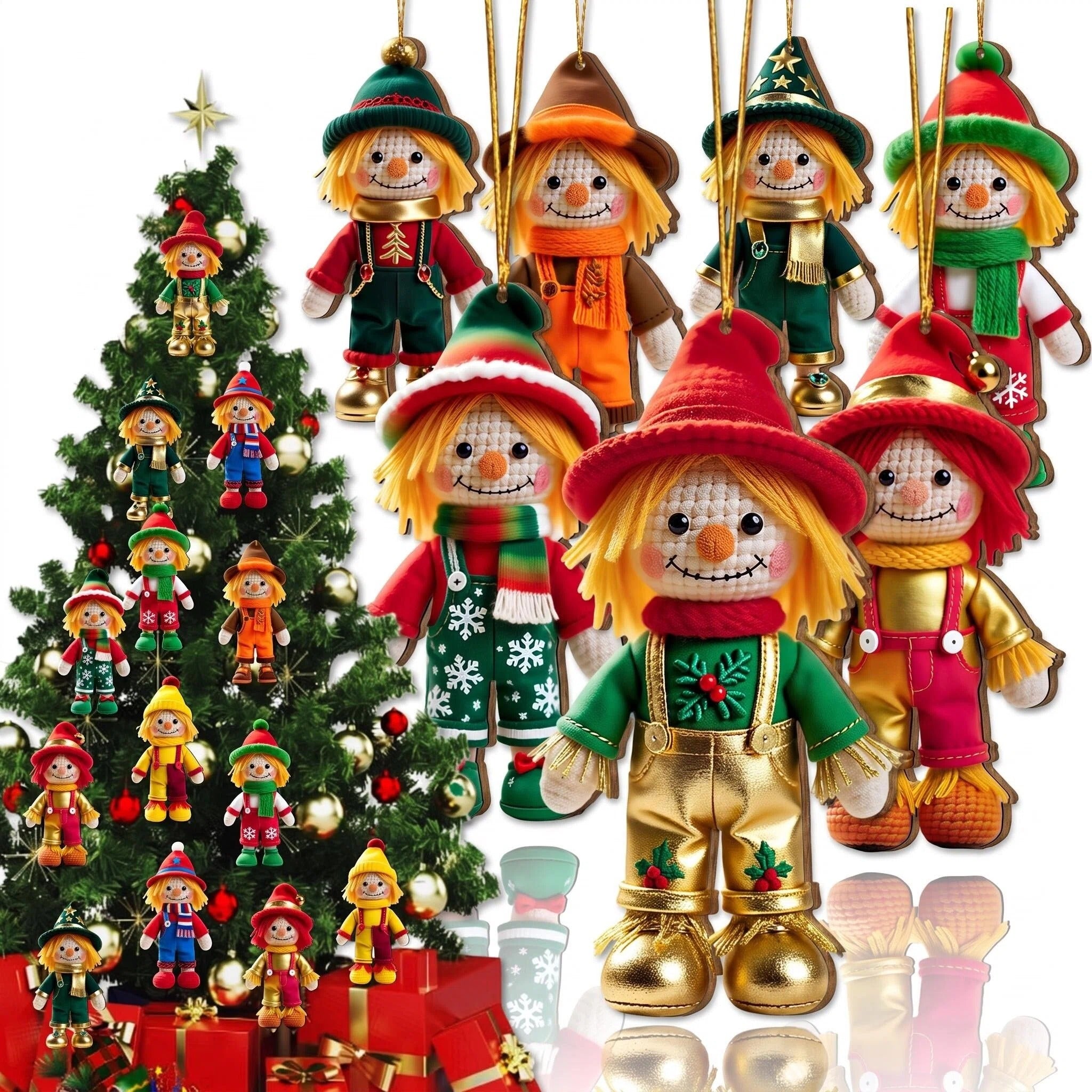 AdornJoy Rustic Scarecrow – 3mm Wooden Halloween & Christmas Ornament, 2D Flat Farmhouse Tree Decoration, 18 Piece Sets