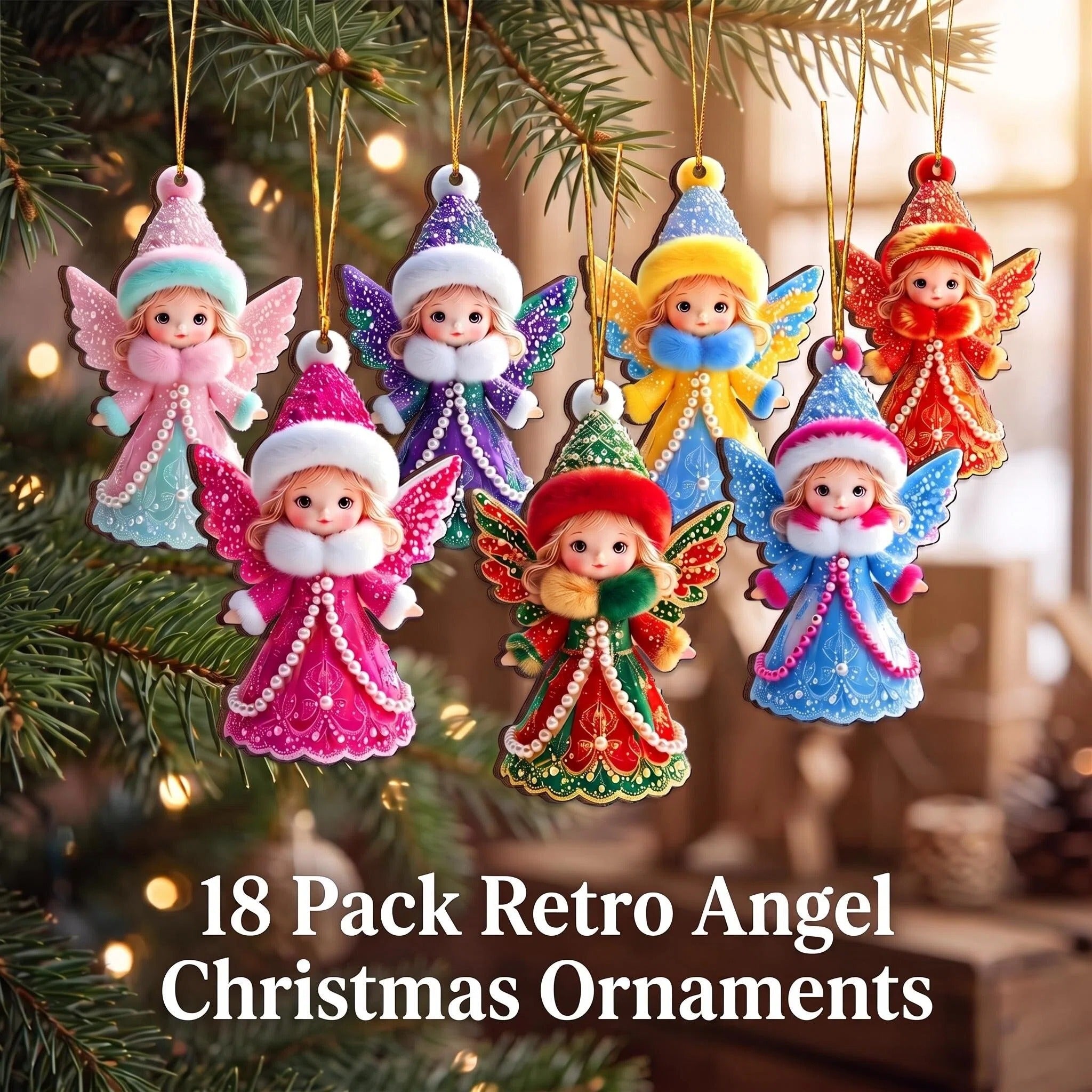 AdornJoy Gorgeous Angel – Graceful 3mm Wooden Christmas Ornament, 2D Flat Angel Tree Decoration, 18 Piece Sets