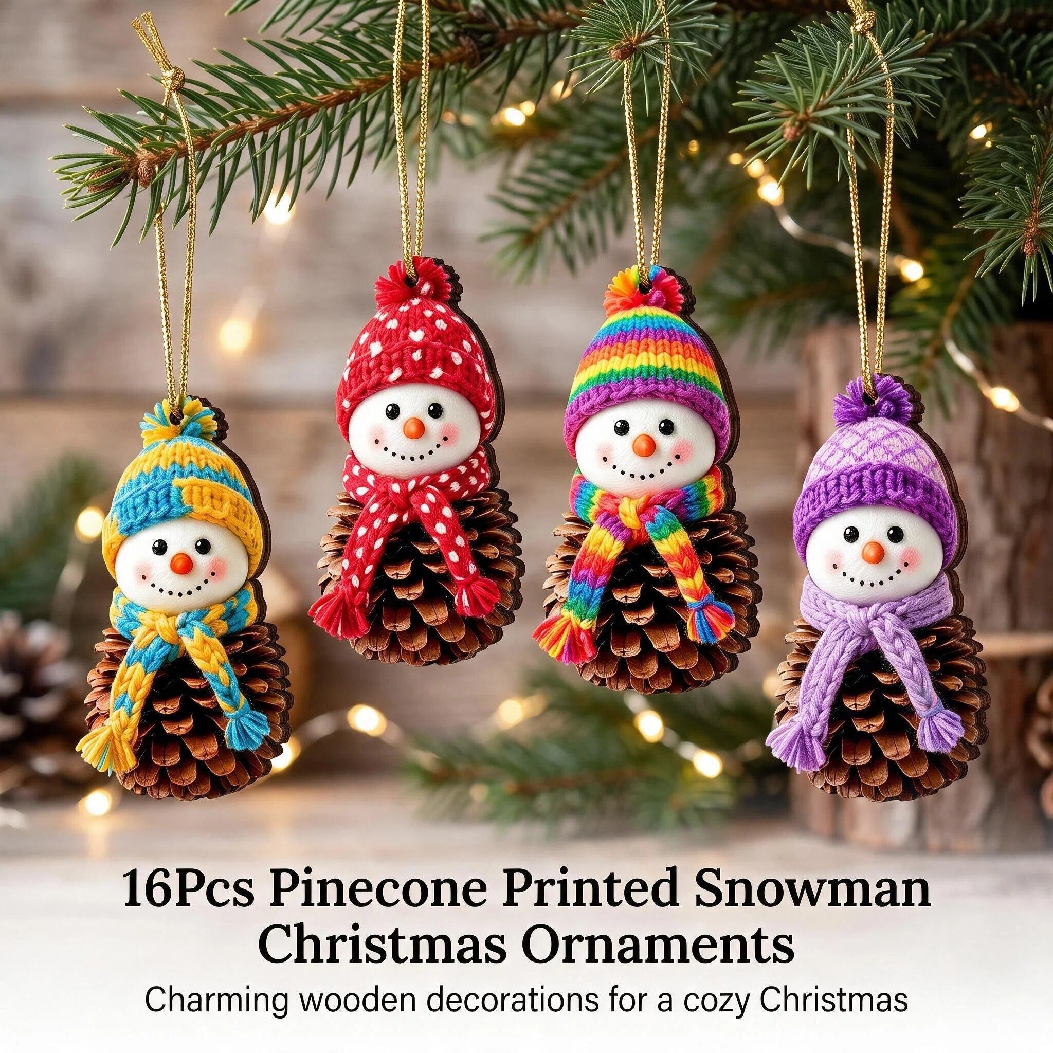 AdornJoy Rustic Snowman – 3mm Wooden Christmas Ornament, 2D Flat Snowman Tree Decoration, 16 Piece Sets
