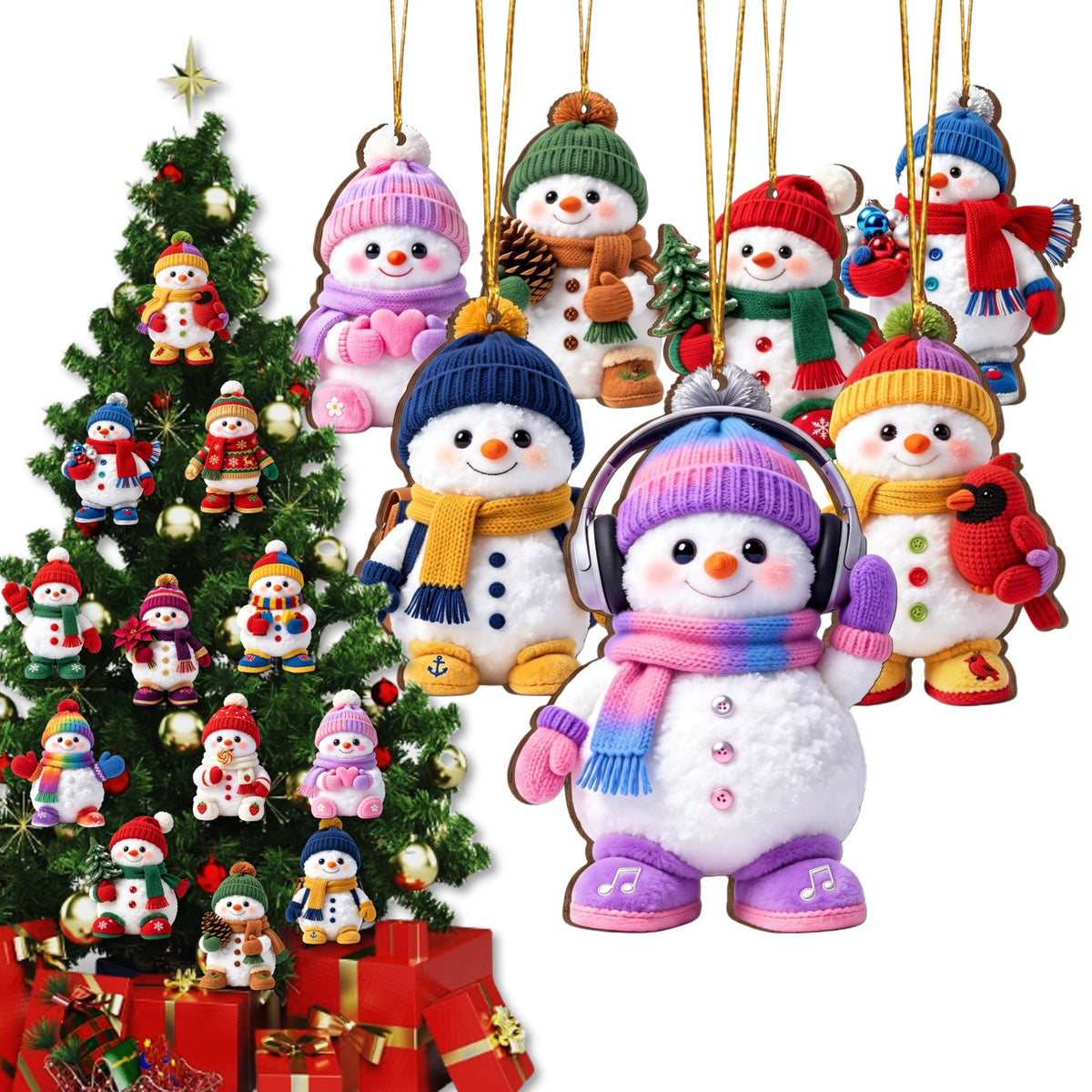 AdornJoy Festive Snowman – 3mm Wooden Christmas Ornament with Diverse Holiday Designs, 2D Flat Snowman Tree Decoration, 18 Piece Sets