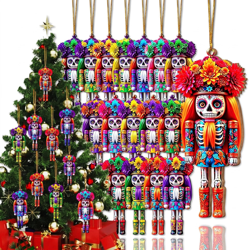 AdornJoy Sugar Skull Nutcracker – 3mm Wooden Christmas Ornament, 2D Flat Nutcracker Tree Decoration, 16 Piece Sets