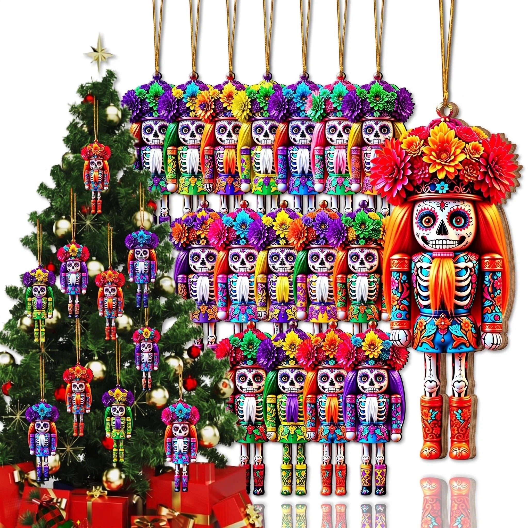 AdornJoy Sugar Skull Nutcracker – 3mm Wooden Christmas Ornament, 2D Flat Nutcracker Tree Decoration, 16 Piece Sets