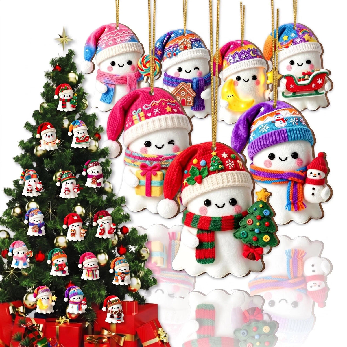 AdornJoy Ghost – 3mm Wooden Halloween & Christmas Ornament, 2D Flat Ghost Tree Decoration, 16 Piece Sets