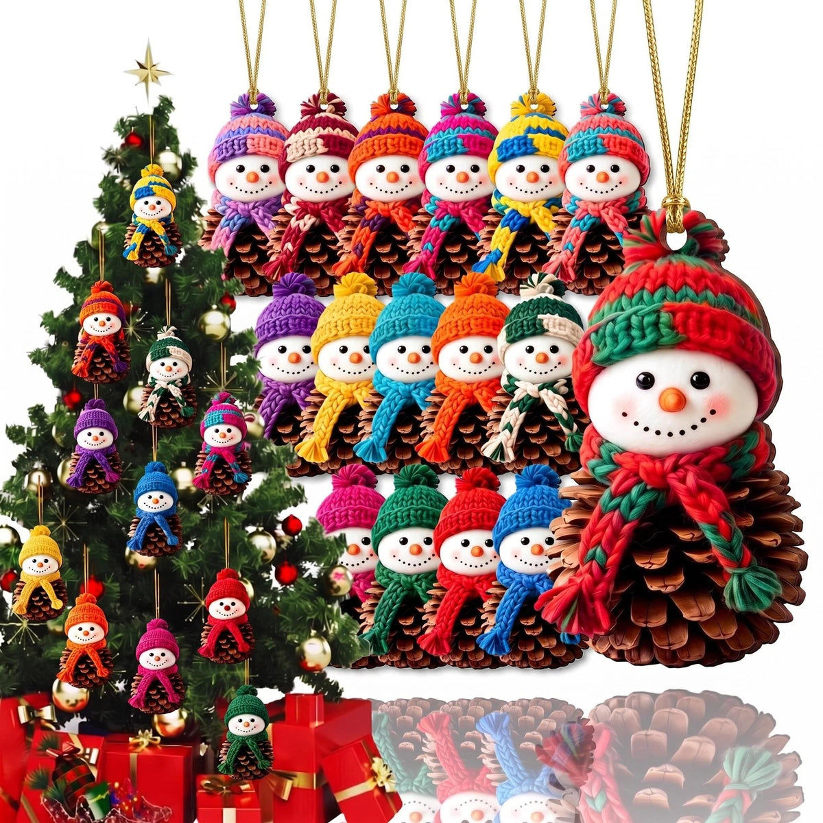 AdornJoy Pinecone Snowman – Printed 3mm Wooden Christmas Ornament, 2D Flat Snowman Tree Decoration, Rustic Woodland Style, 16 Piece Sets