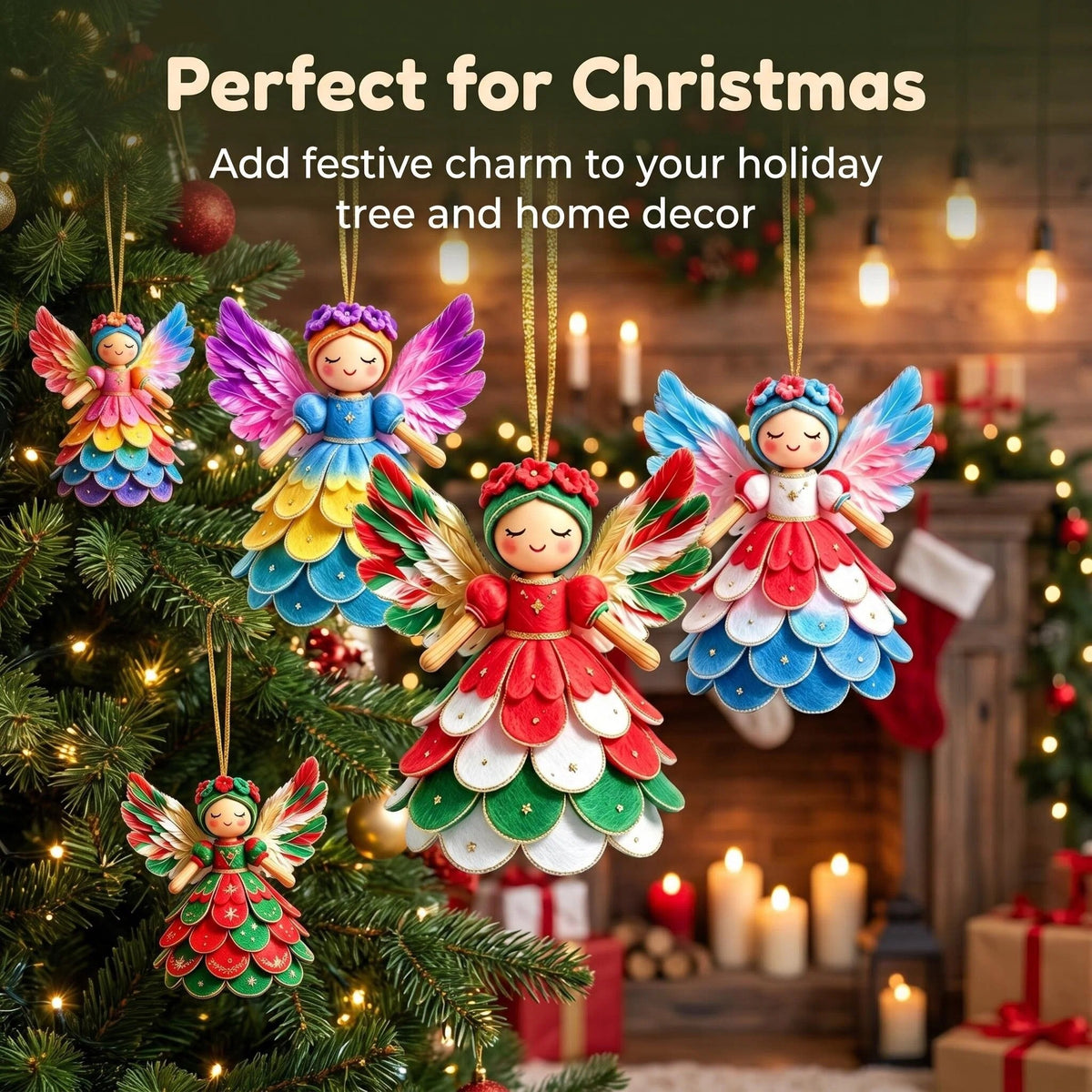 AdornJoy Festive Angel – Unique 3mm Wooden Christmas Ornament, 2D Flat Angel Tree Decoration, 18 Piece Sets