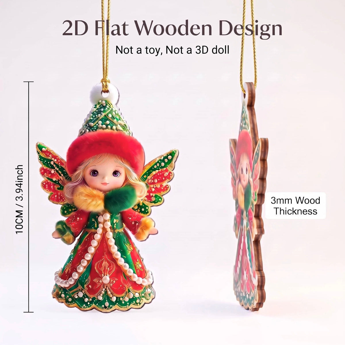 AdornJoy Gorgeous Angel – Graceful 3mm Wooden Christmas Ornament, 2D Flat Angel Tree Decoration, 18 Piece Sets