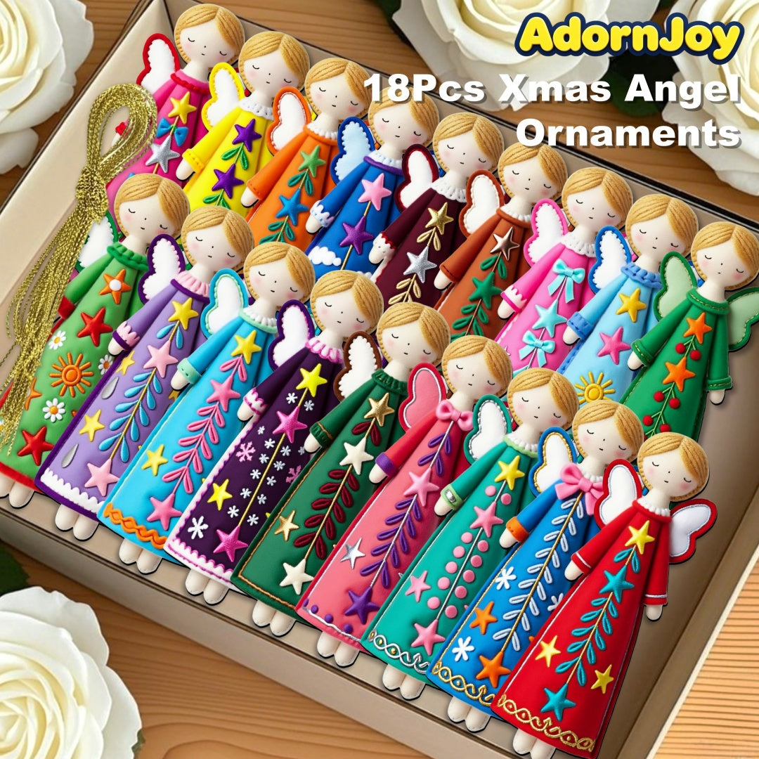 AdornJoy Colorful Angel – 12cm 3mm Wooden Christmas Ornament, 2D Flat Angel Tree Decoration, 18 Piece Sets