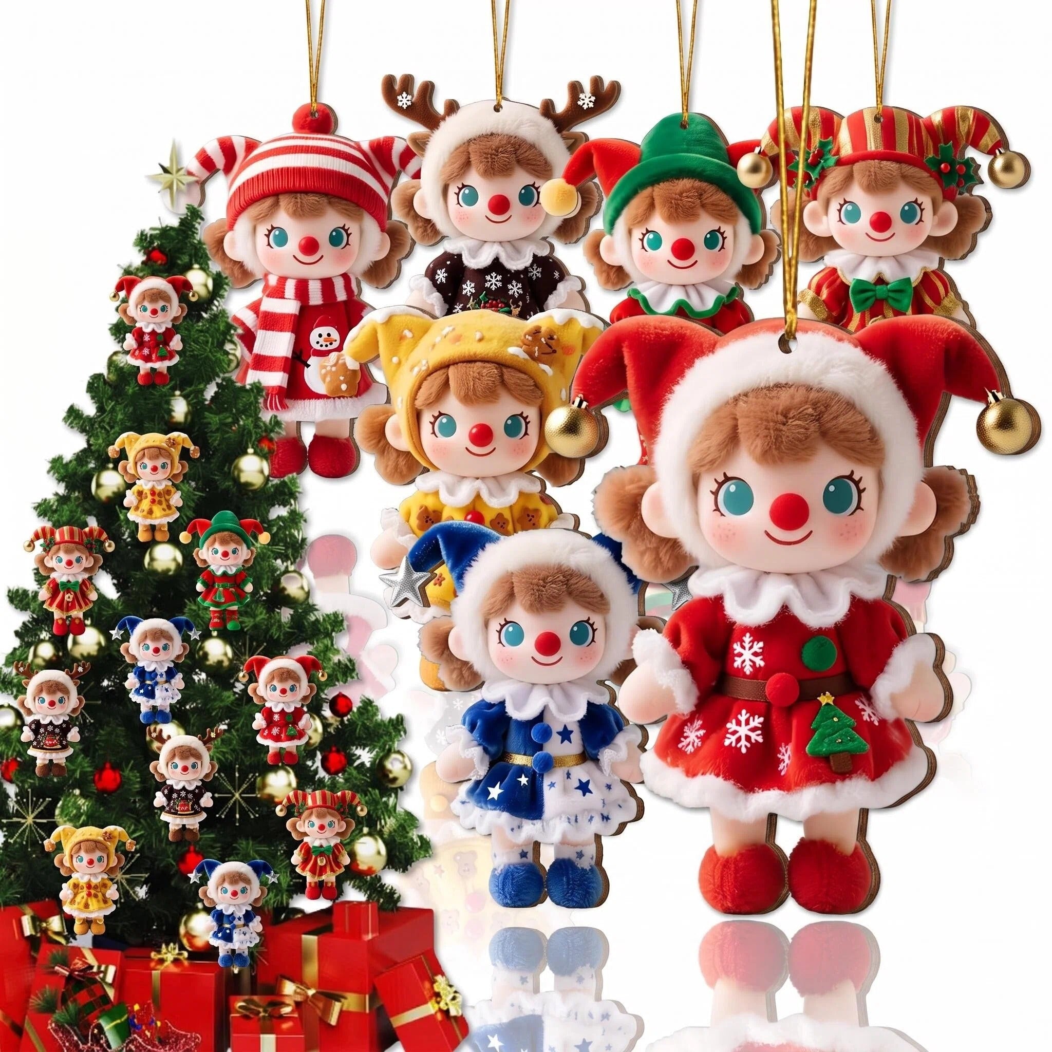 AdornJoy Festive Circus Clown – Colorful 3mm Wooden Christmas Ornament, 2D Flat Circus-Themed Tree Decoration, 18 Piece Sets