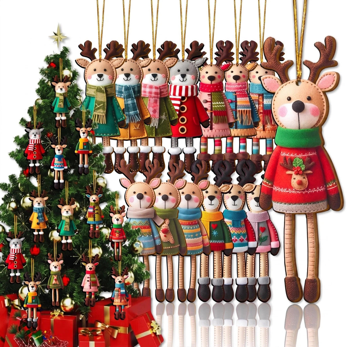 AdornJoy Reindeer – 3mm Wooden Christmas Ornament, 2D Flat Reindeer Tree Decoration, 16 Piece Sets