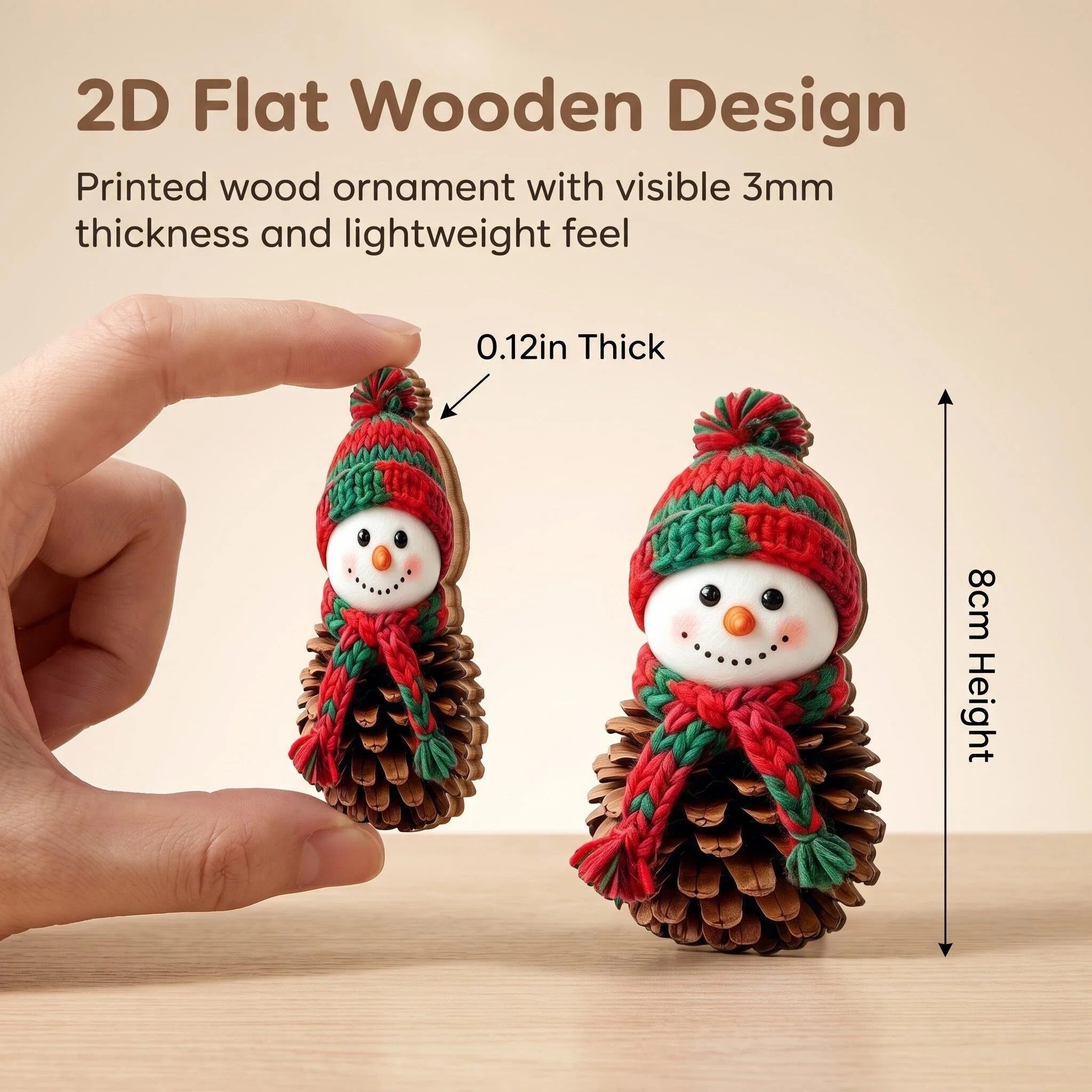 AdornJoy Pinecone Snowman – Printed 3mm Wooden Christmas Ornament, 2D Flat Snowman Tree Decoration, Rustic Woodland Style, 16 Piece Sets