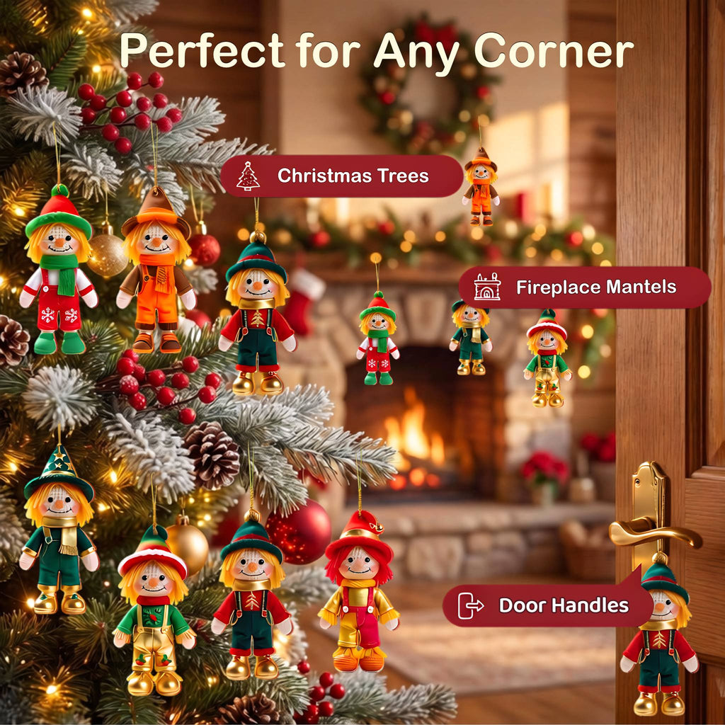 AdornJoy Rustic Scarecrow – 3mm Wooden Halloween & Christmas Ornament, 2D Flat Farmhouse Tree Decoration, 18 Piece Sets