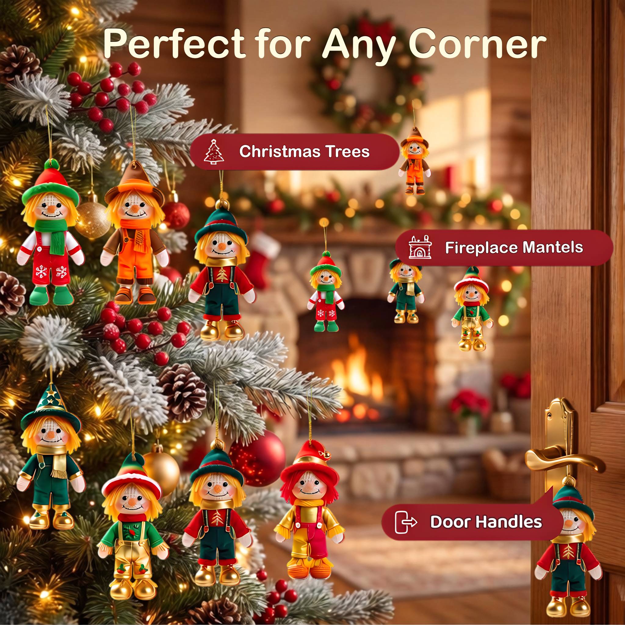 AdornJoy Rustic Scarecrow – 3mm Wooden Halloween & Christmas Ornament, 2D Flat Farmhouse Tree Decoration, 18 Piece Sets