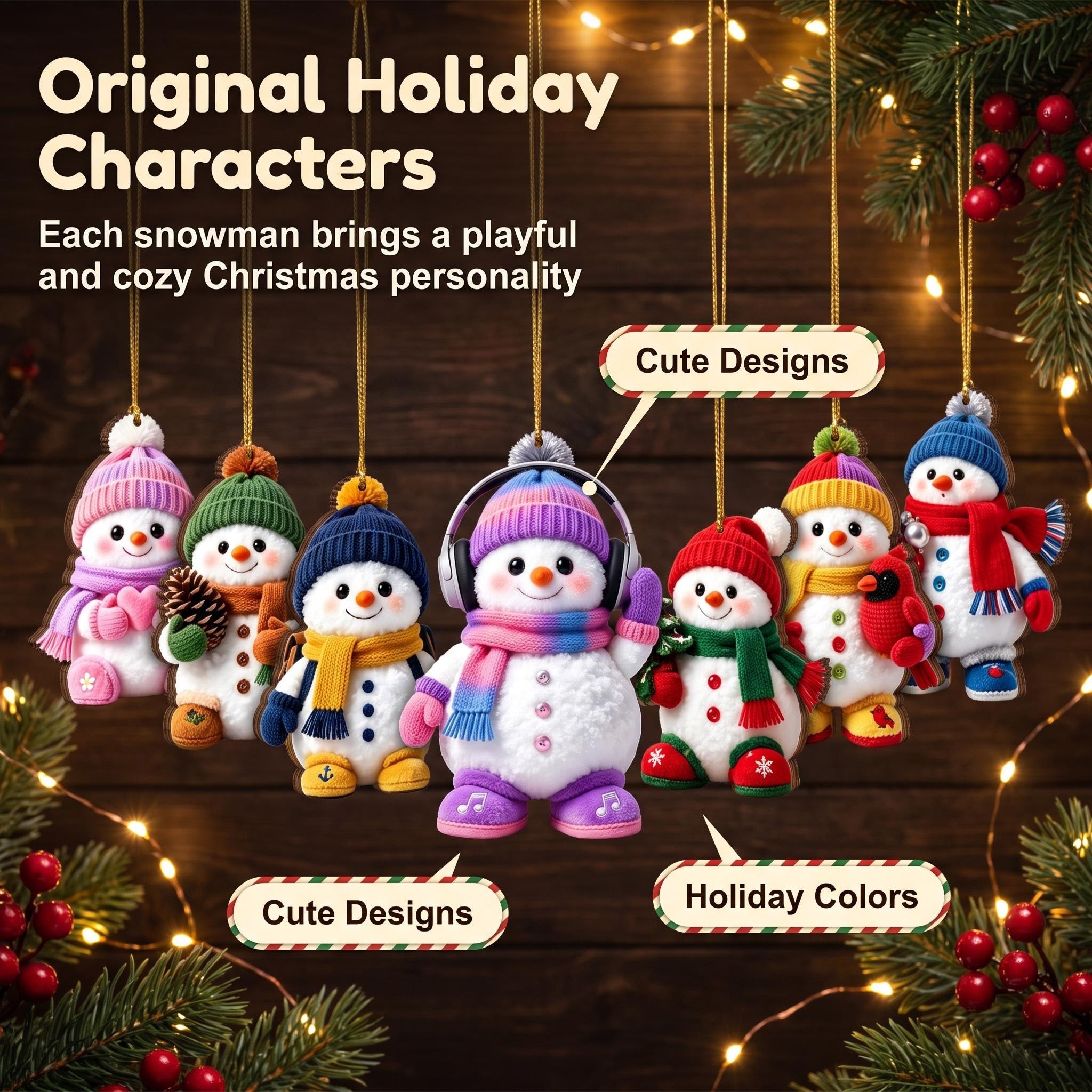 AdornJoy Festive Snowman – 3mm Wooden Christmas Ornament with Diverse Holiday Designs, 2D Flat Snowman Tree Decoration, 18 Piece Sets