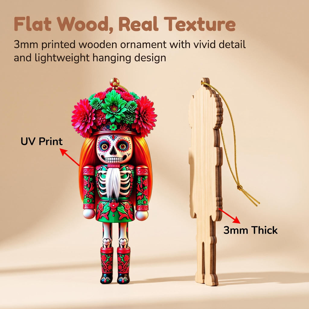 AdornJoy Sugar Skull Nutcracker – 3mm Wooden Christmas Ornament, 2D Flat Nutcracker Tree Decoration, 16 Piece Sets