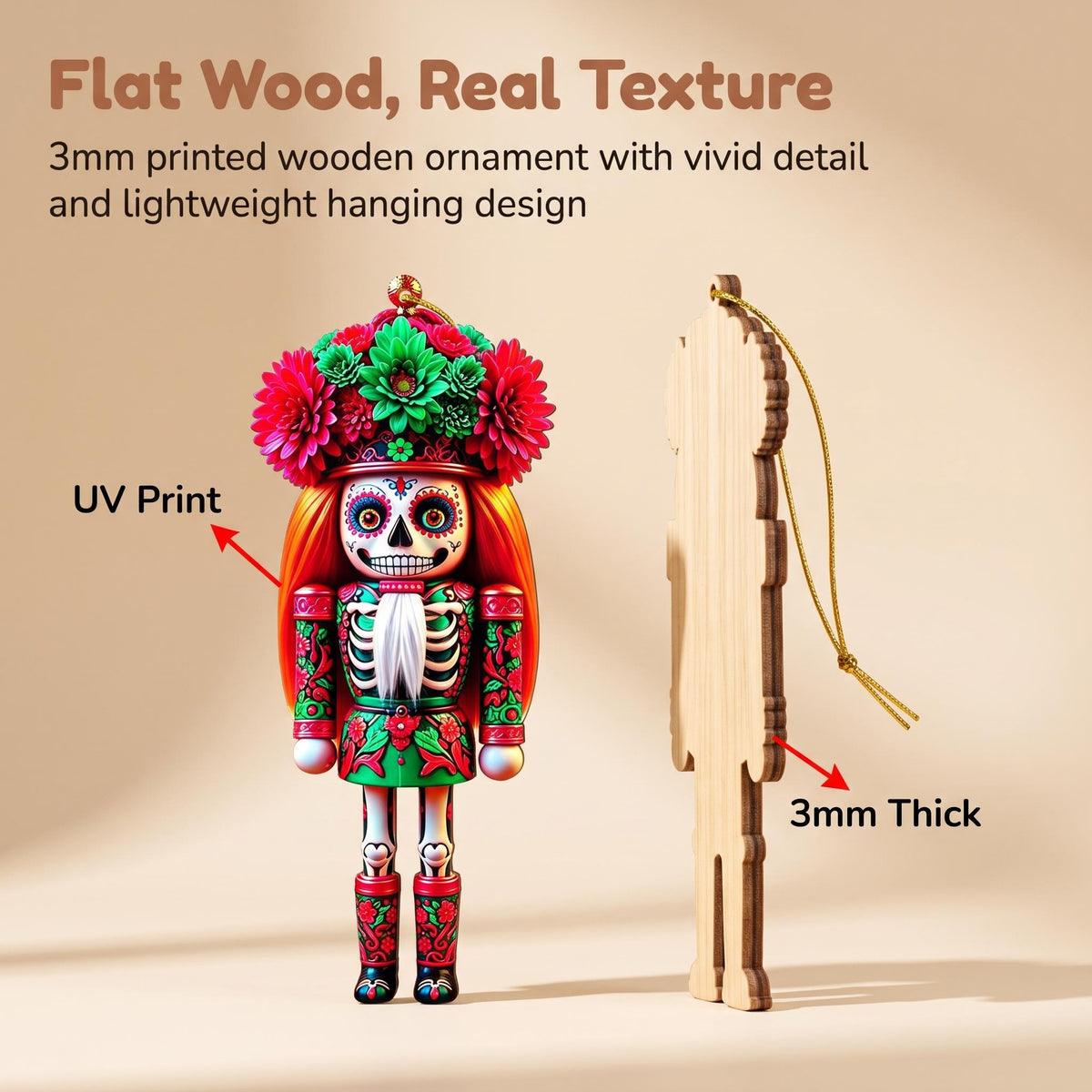 AdornJoy Sugar Skull Nutcracker – 3mm Wooden Christmas Ornament, 2D Flat Nutcracker Tree Decoration, 16 Piece Sets