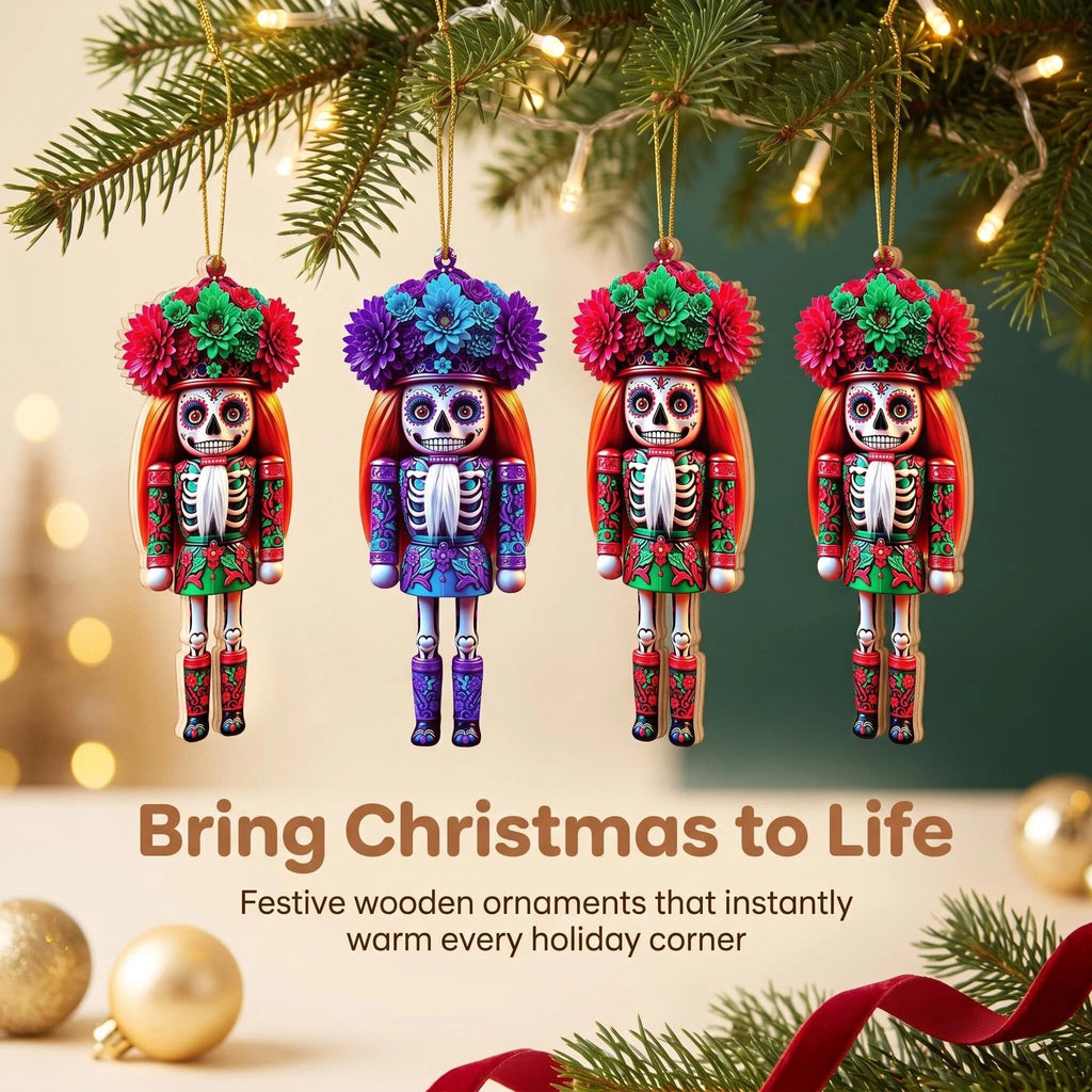 AdornJoy Sugar Skull Nutcracker – 3mm Wooden Christmas Ornament, 2D Flat Nutcracker Tree Decoration, 16 Piece Sets