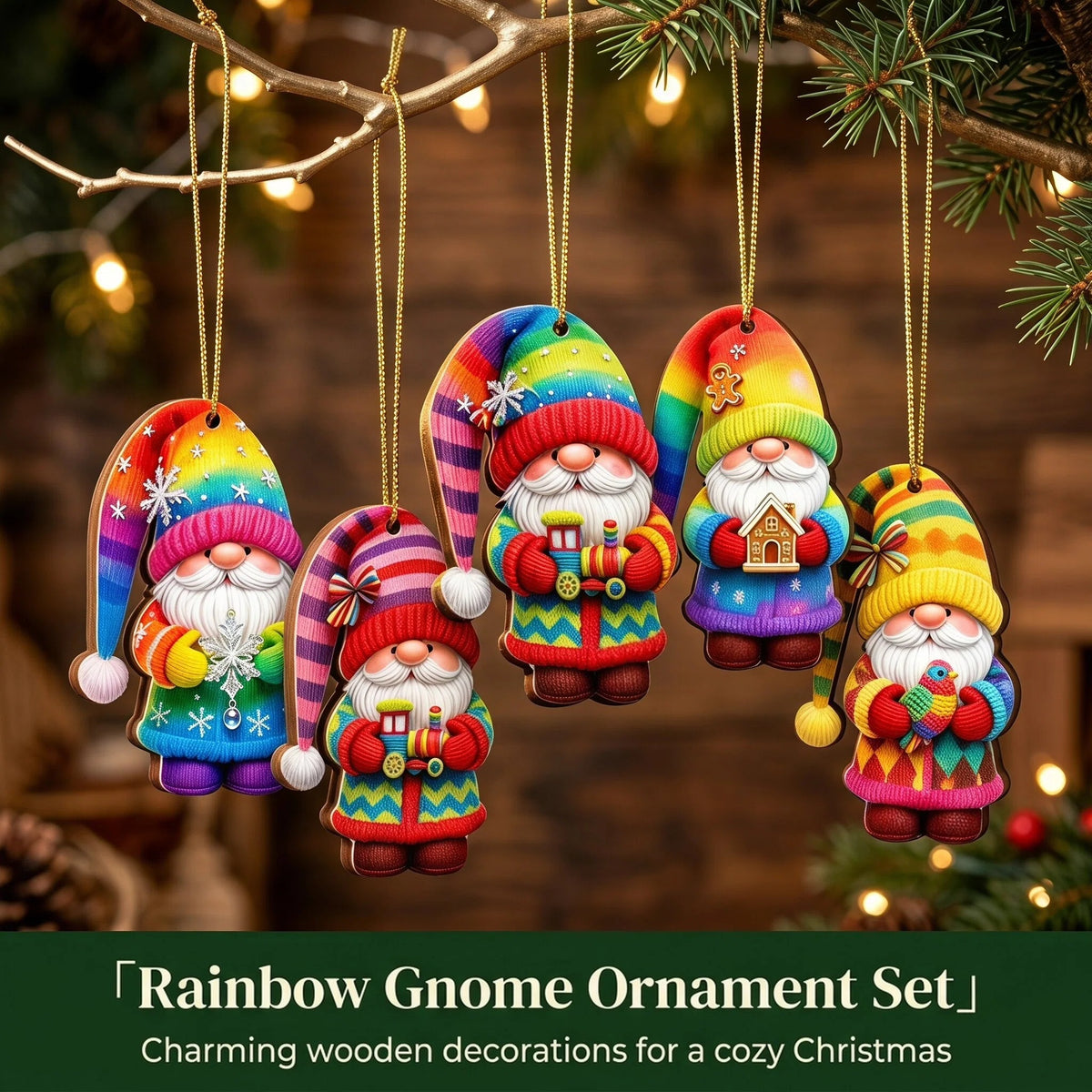 AdornJoy Rainbow Santa Gnome – Colorful 3mm Wooden Christmas Ornament, 2D Flat Santa Gnome Tree Decoration, 16 Piece Sets