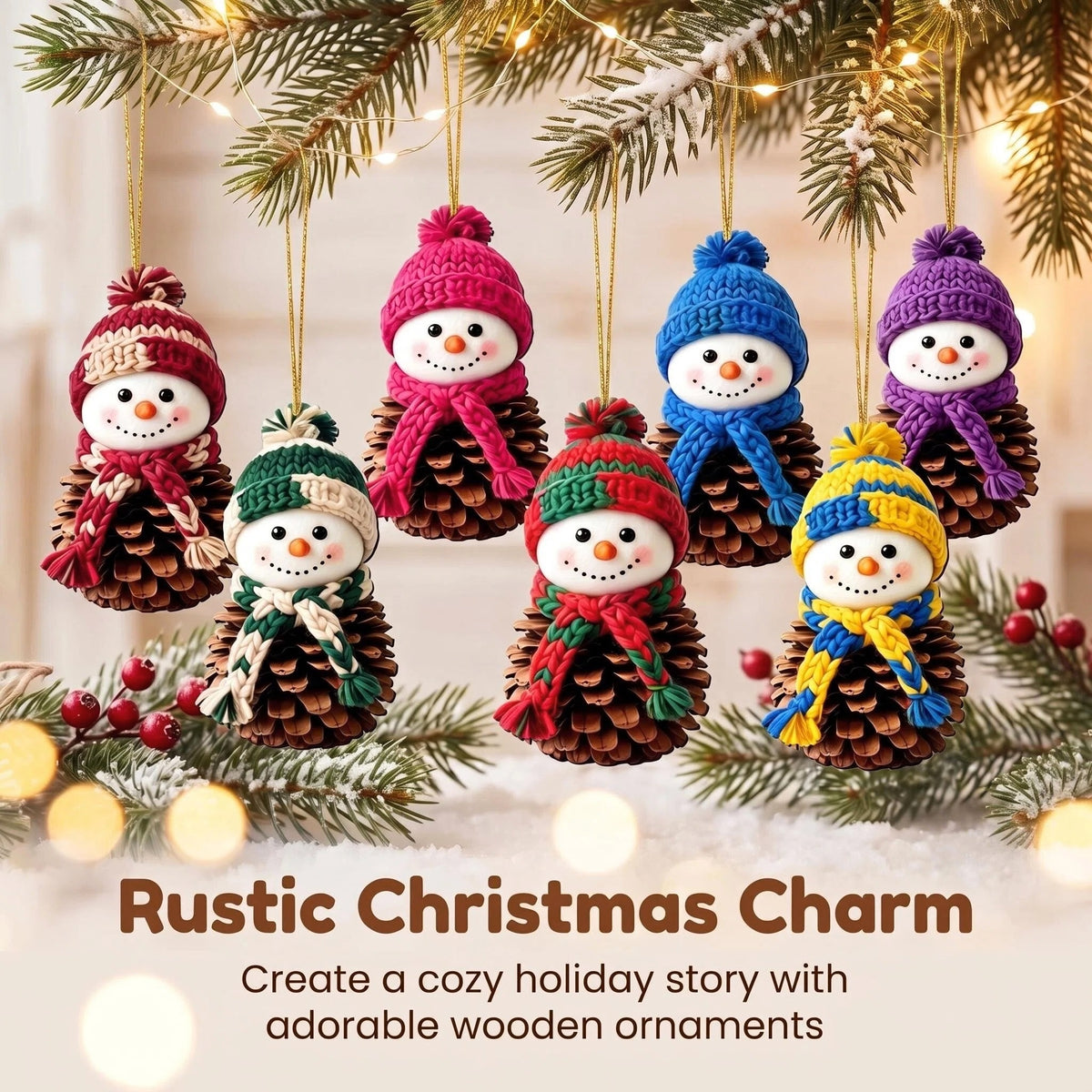 AdornJoy Pinecone Snowman – Printed 3mm Wooden Christmas Ornament, 2D Flat Snowman Tree Decoration, Rustic Woodland Style, 16 Piece Sets