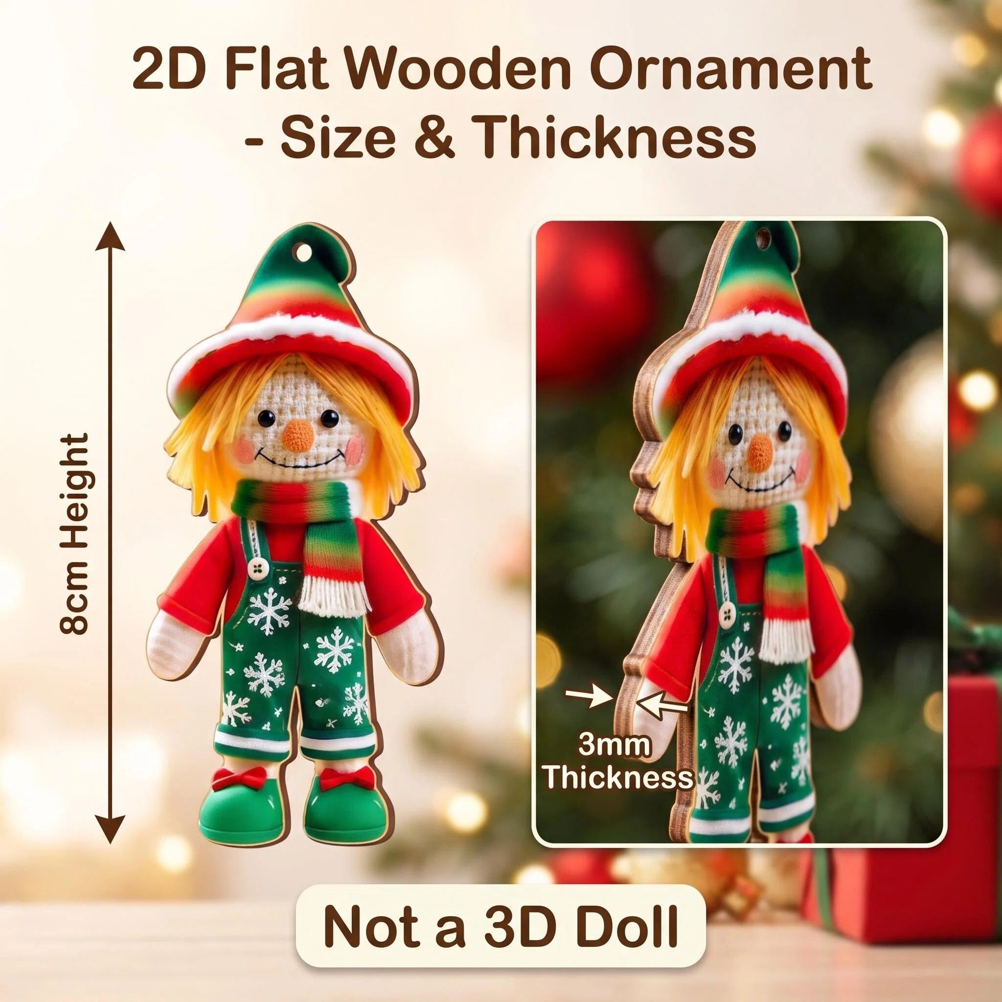 AdornJoy Rustic Scarecrow – 3mm Wooden Halloween & Christmas Ornament, 2D Flat Farmhouse Tree Decoration, 18 Piece Sets