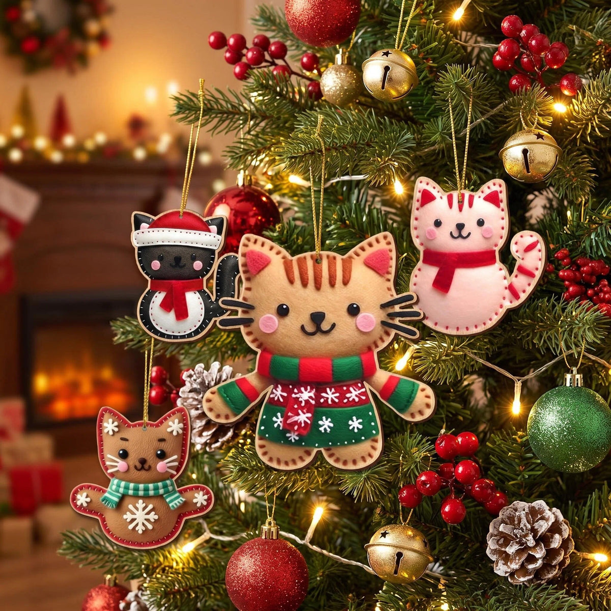 AdornJoy Gingerbread Cat – Cartoon 3mm Wooden Christmas Ornament, 2D Flat Cat Tree Decoration, 16 Piece Sets