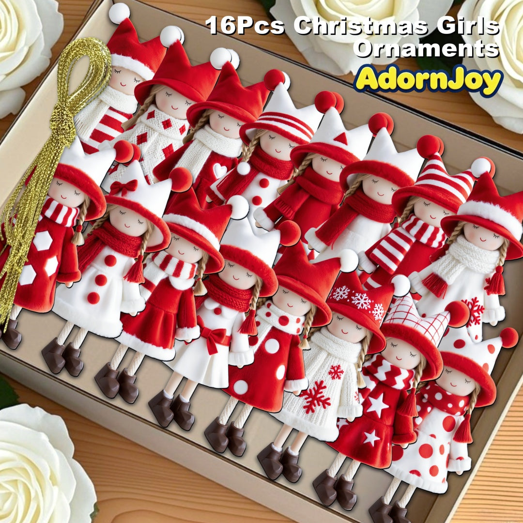 AdornJoy Classic Girl – Red & White 3mm Wooden Christmas Ornament, 2D Flat Girl Tree Decoration, 16 Piece Sets