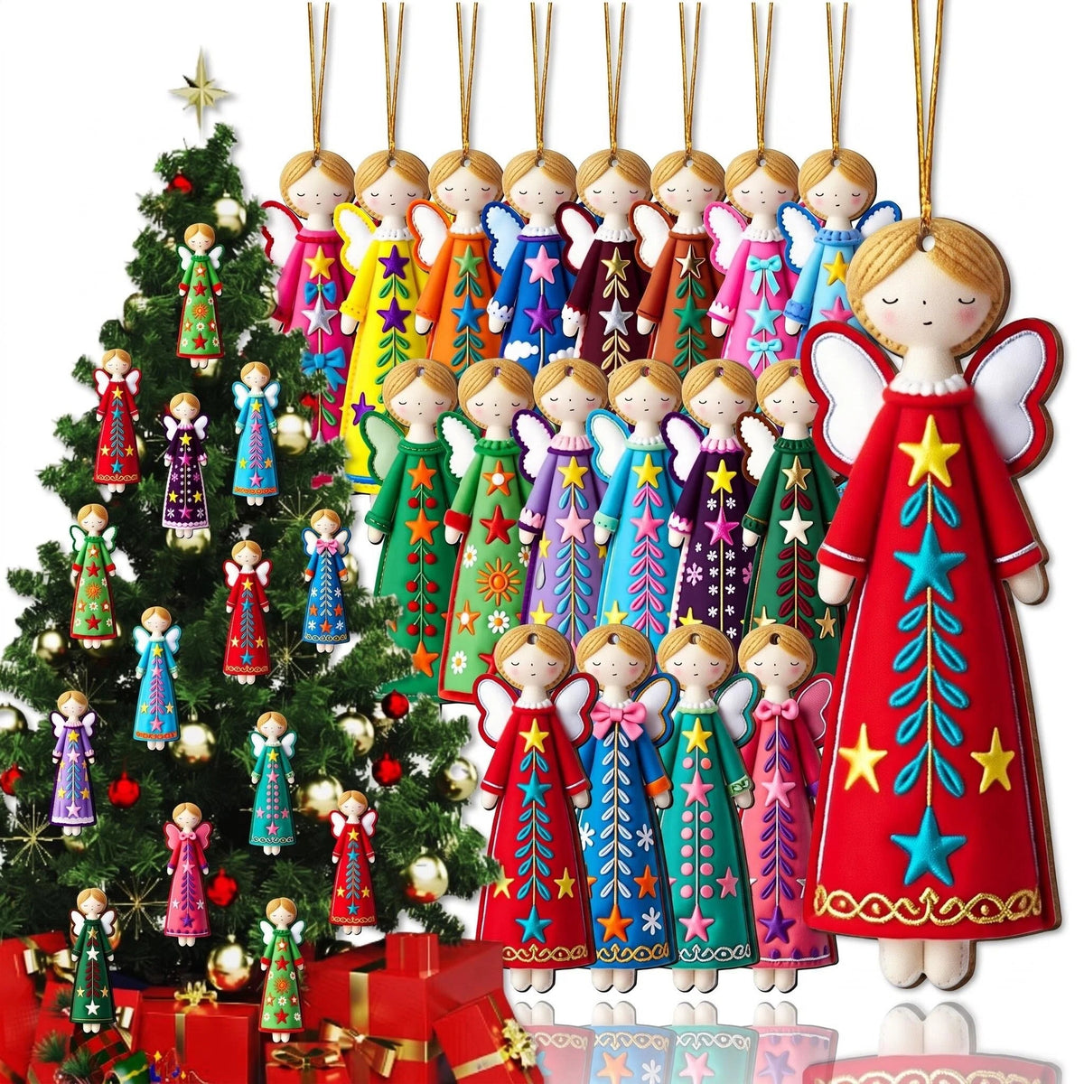 AdornJoy Colorful Angel – 12cm 3mm Wooden Christmas Ornament, 2D Flat Angel Tree Decoration, 18 Piece Sets