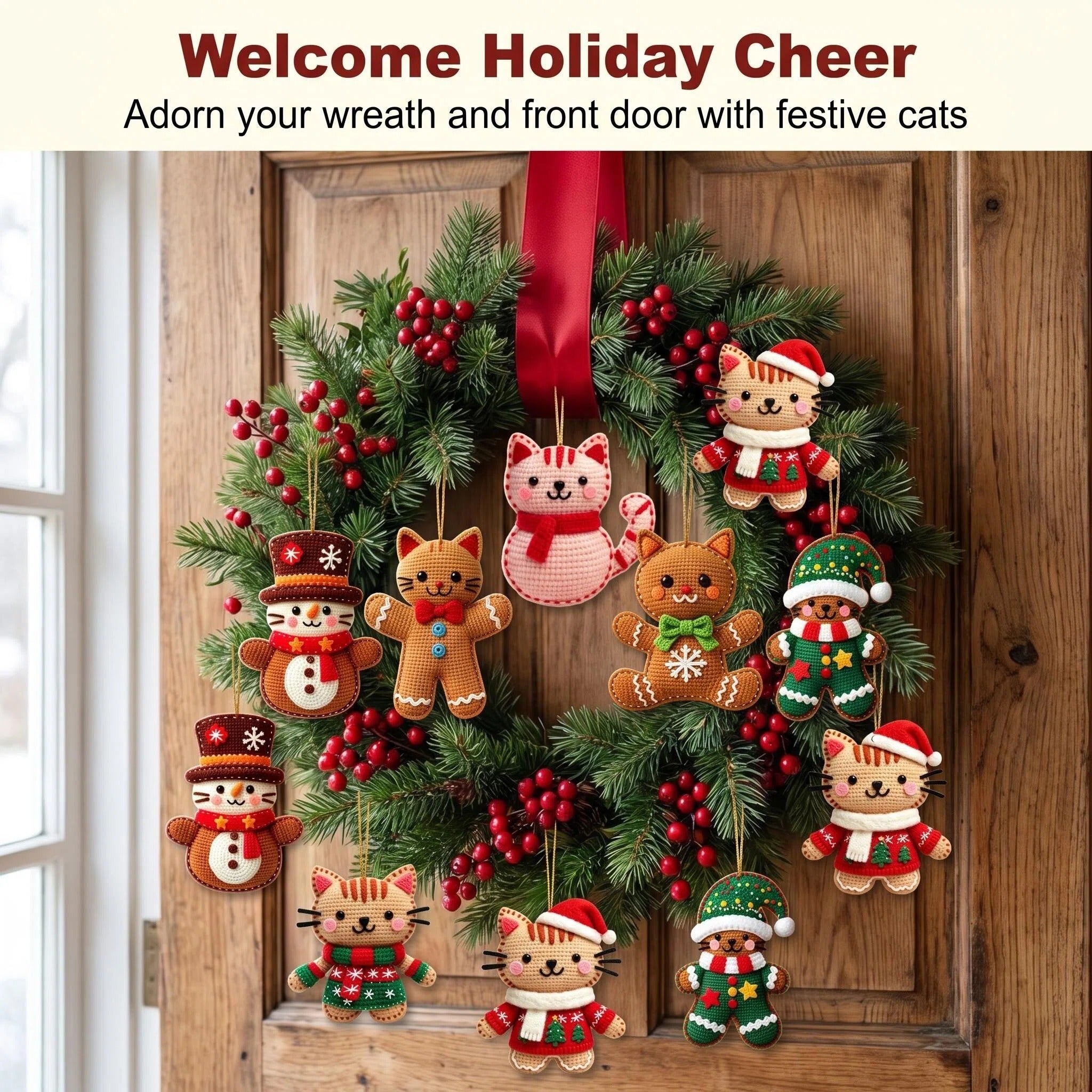 AdornJoy Colorful Gingerbread Cat – 3mm Wooden Christmas Ornament, 2D Flat Cat Tree Decoration, 16 Piece Sets