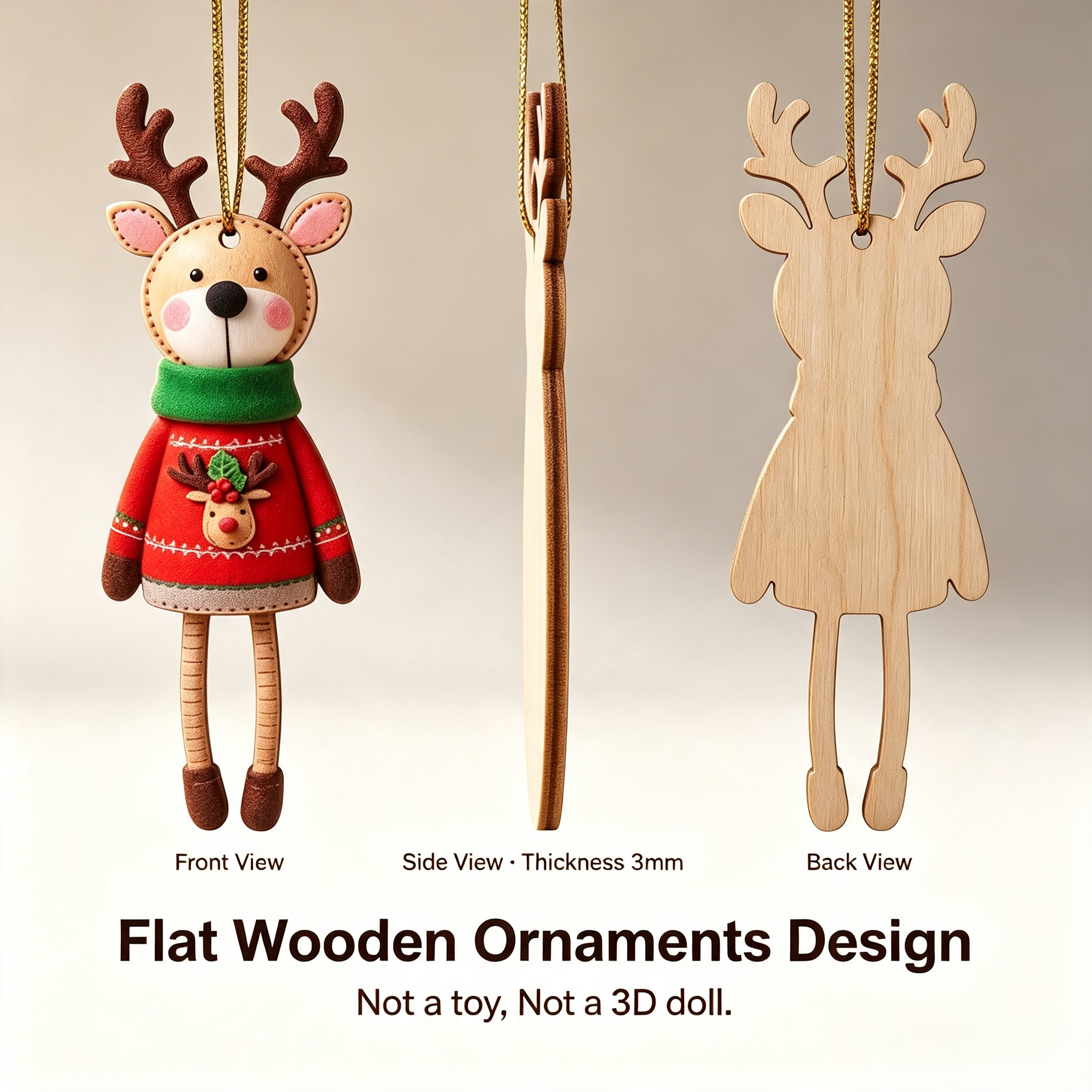 AdornJoy Reindeer – 3mm Wooden Christmas Ornament, 2D Flat Reindeer Tree Decoration, 16 Piece Sets