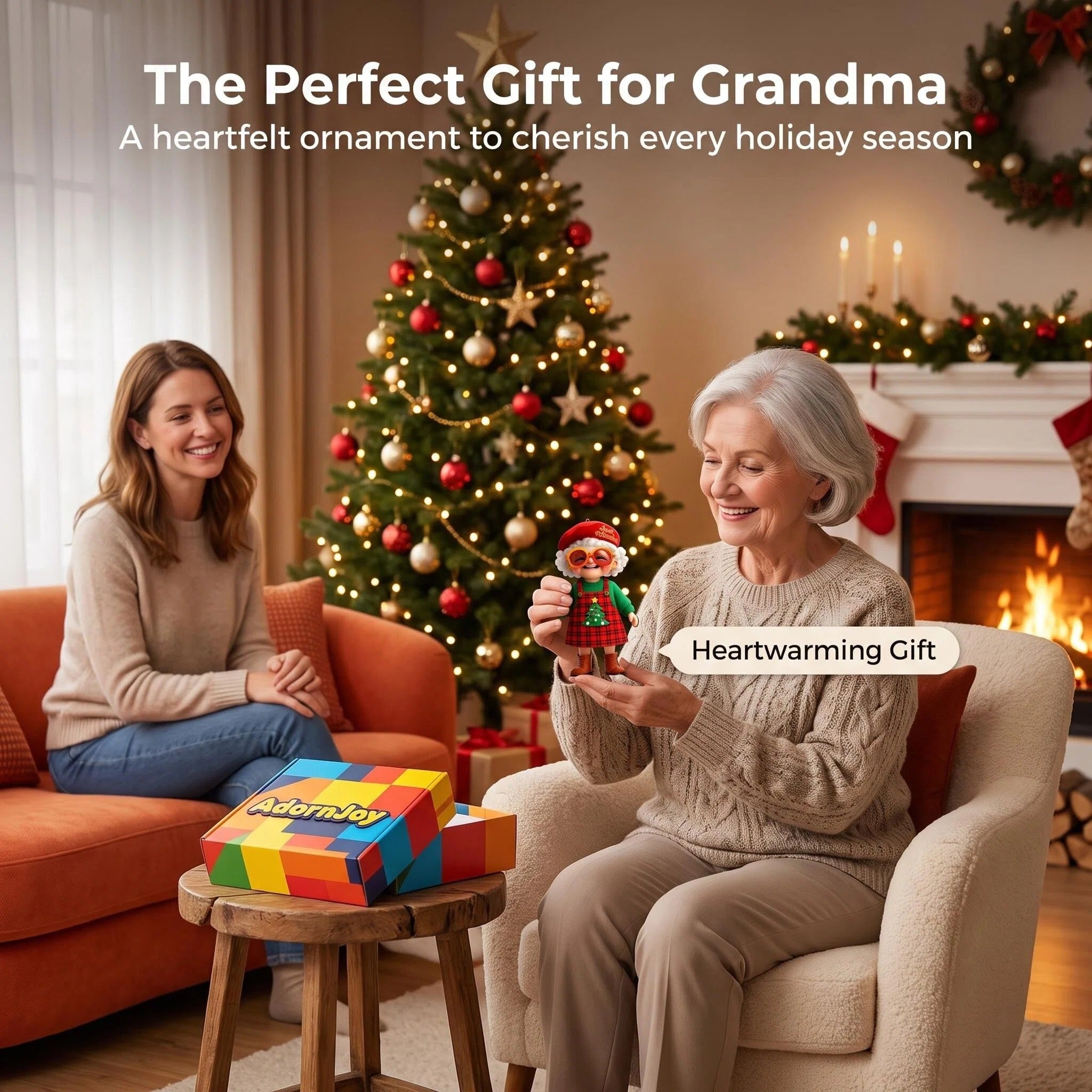 AdornJoy Vintage Grandma – Retro Printed 3mm Wooden Christmas Ornament, 2D Flat Grandma Tree Decoration, 18 Piece Sets