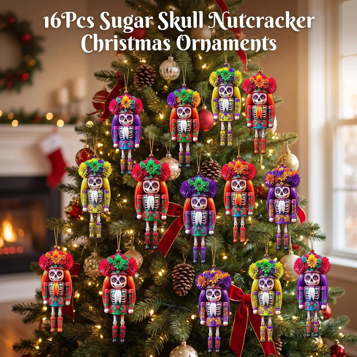 AdornJoy Sugar Skull Nutcracker – 3mm Wooden Christmas Ornament, 2D Flat Nutcracker Tree Decoration, 16 Piece Sets