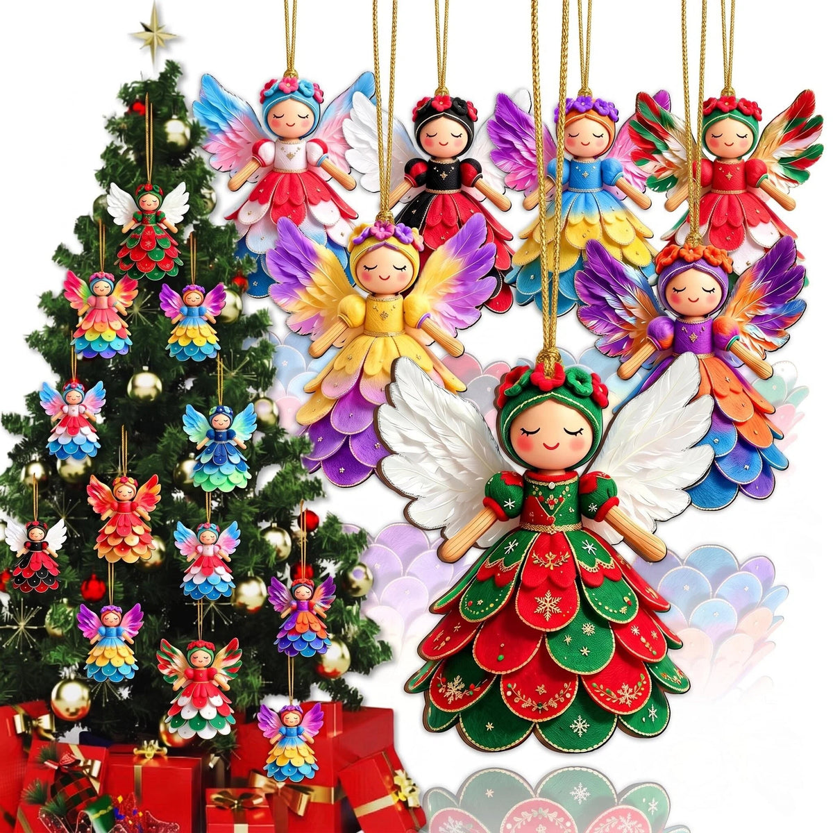 AdornJoy Festive Angel – Unique 3mm Wooden Christmas Ornament, 2D Flat Angel Tree Decoration, 18 Piece Sets