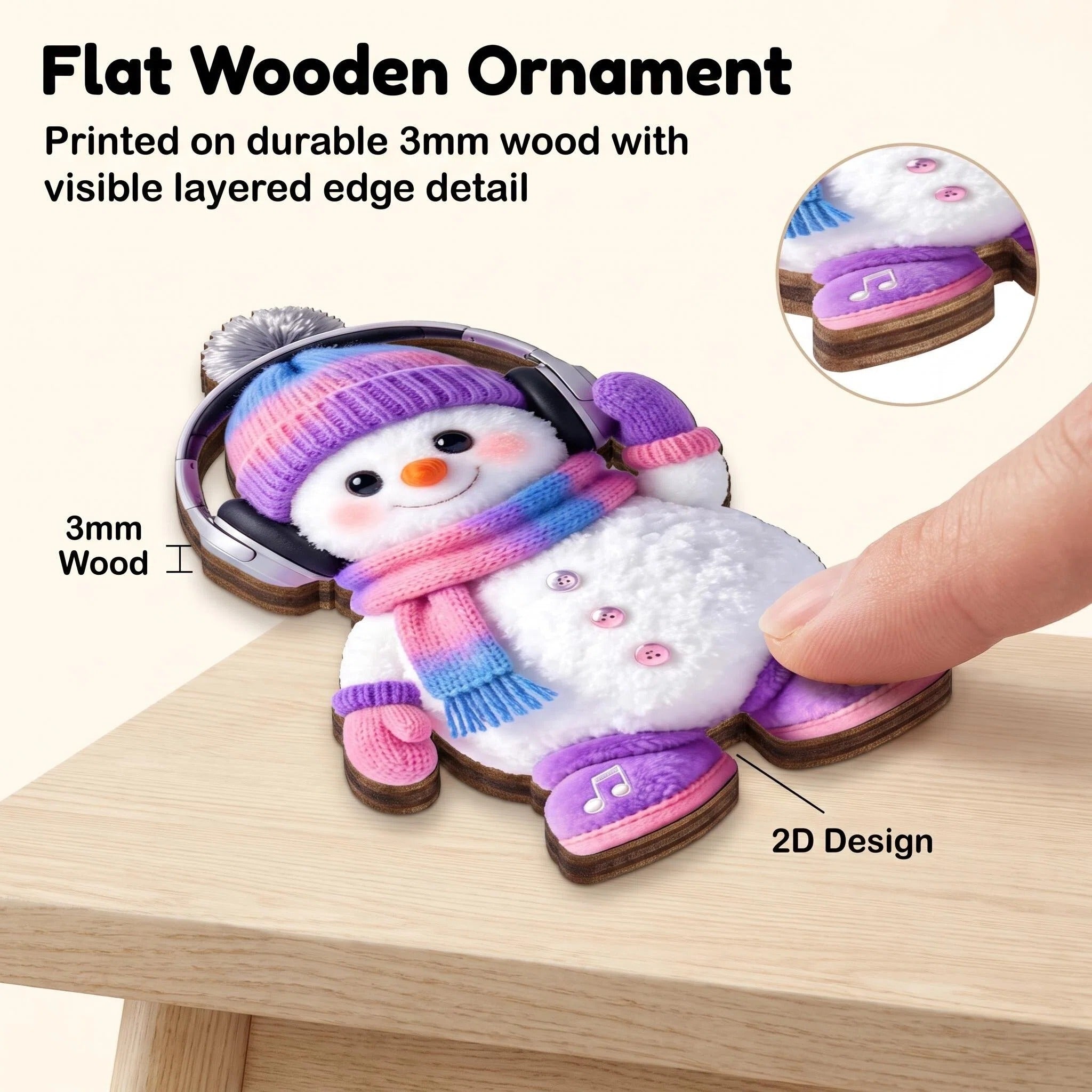 AdornJoy Festive Snowman – 3mm Wooden Christmas Ornament with Diverse Holiday Designs, 2D Flat Snowman Tree Decoration, 18 Piece Sets