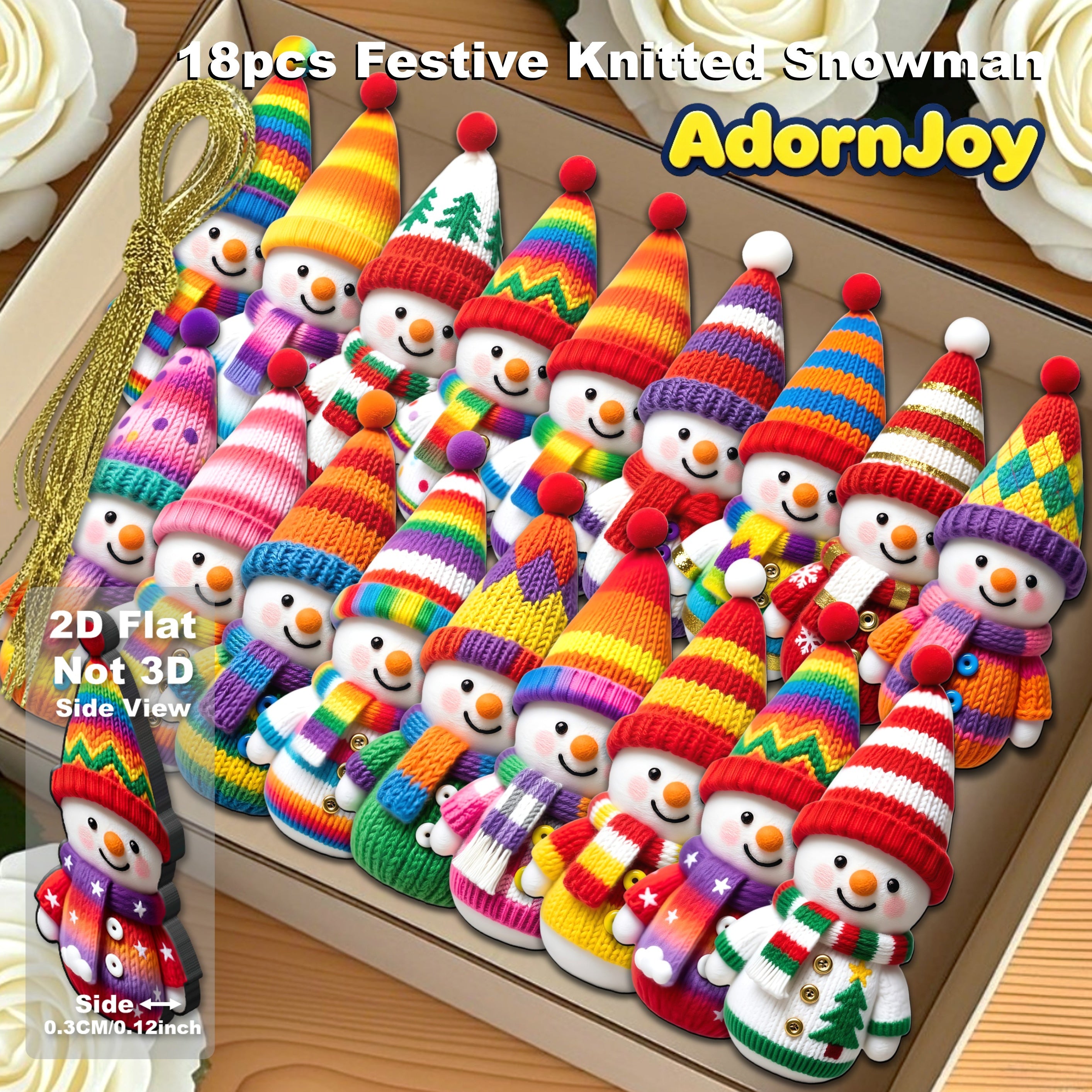 AdornJoy Festive Snowman – Vibrant 3mm Wooden Christmas Ornament, 2D Flat Snowman Tree Decoration, 18 Piece Sets