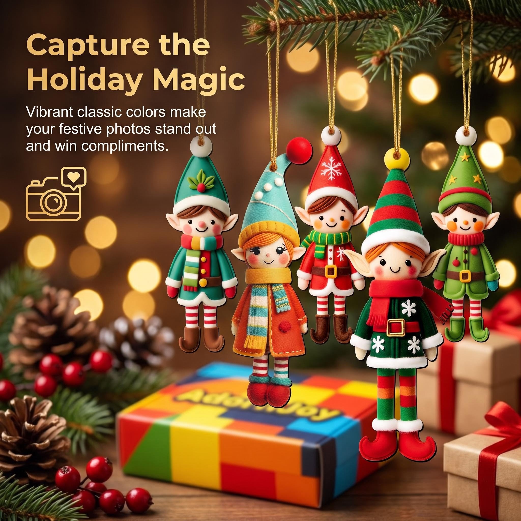 AdornJoy Vibrant Elf – Colorful 3mm Wooden Christmas Ornament, 2D Flat Elf Tree Decoration, 16 Piece Sets
