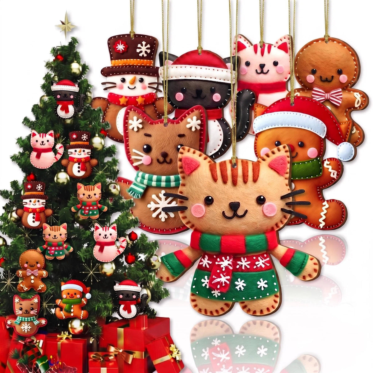 AdornJoy Gingerbread Cat – Cartoon 3mm Wooden Christmas Ornament, 2D Flat Cat Tree Decoration, 16 Piece Sets